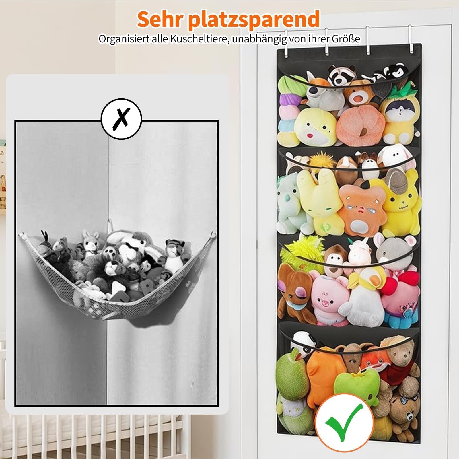 Raheem Kuscheltier Aufbewahrung, Tür Organizer mit 4 großen Taschen, Hängeaufbewahrung Kinderzimmer, Stofftier Aufbewahrung Wandorganizer für Kinderzimmer, Badezimmer, Schlafzimmer，Schwarz