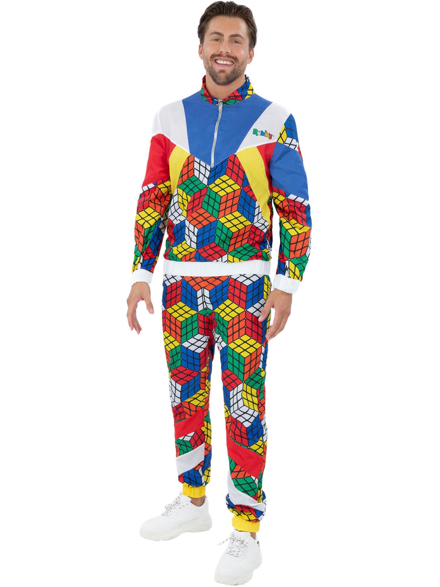 Smiffys Official Rubik’s Cube Tracksuit Costume – Colourful Retro 80s & 90s Two-Piece Outfit with Jacket and Joggers for Men’s Fancy Dress, Festival, Halloween or Theme Parties, Small