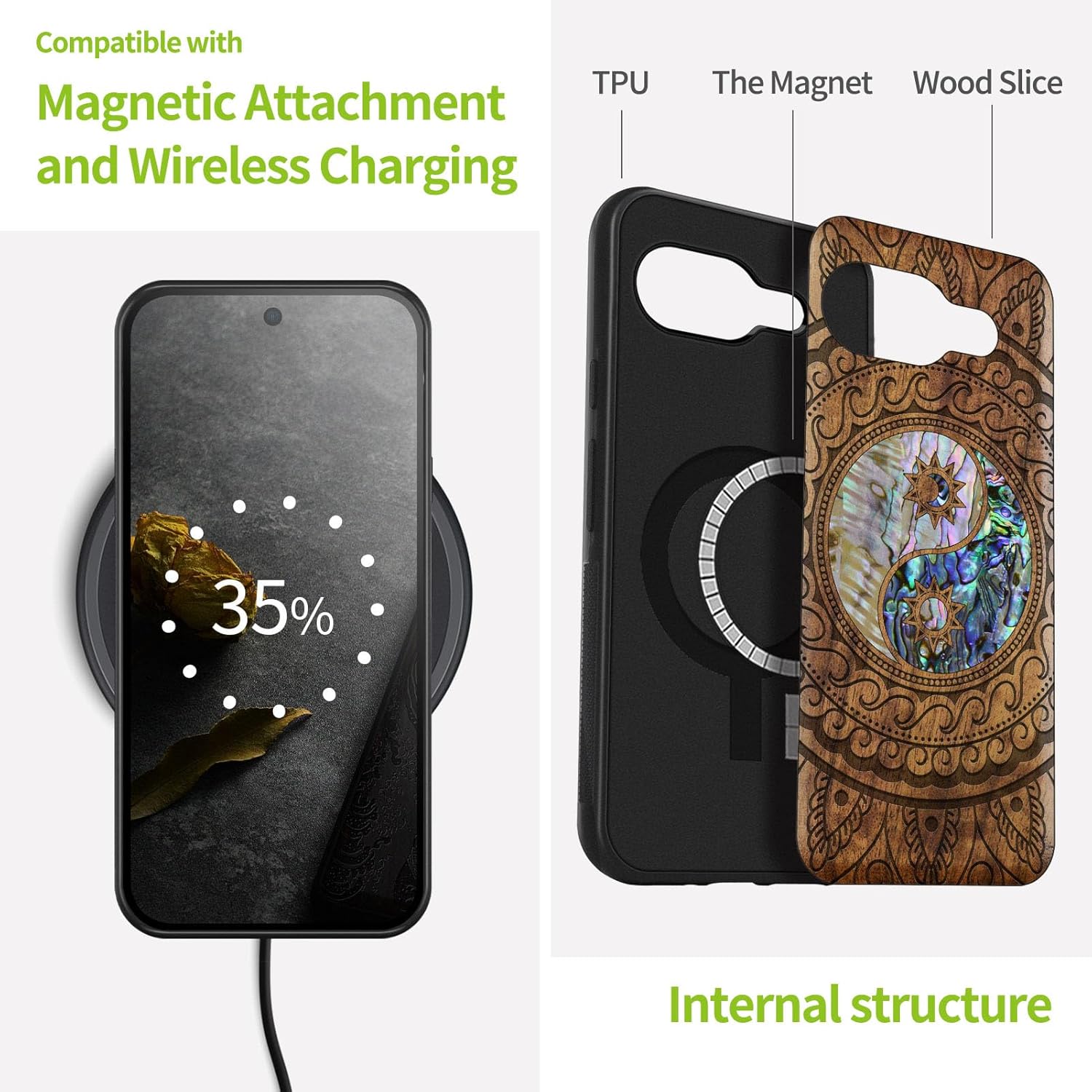 Carveit Magnetic Wooden Case for Google Pixel 9a Case, Wood Artisan Engraved & Handmade Shell Inlaid, Compatible with MagSafe Wireless Chargers (Yin Yang Paisley) Walnut