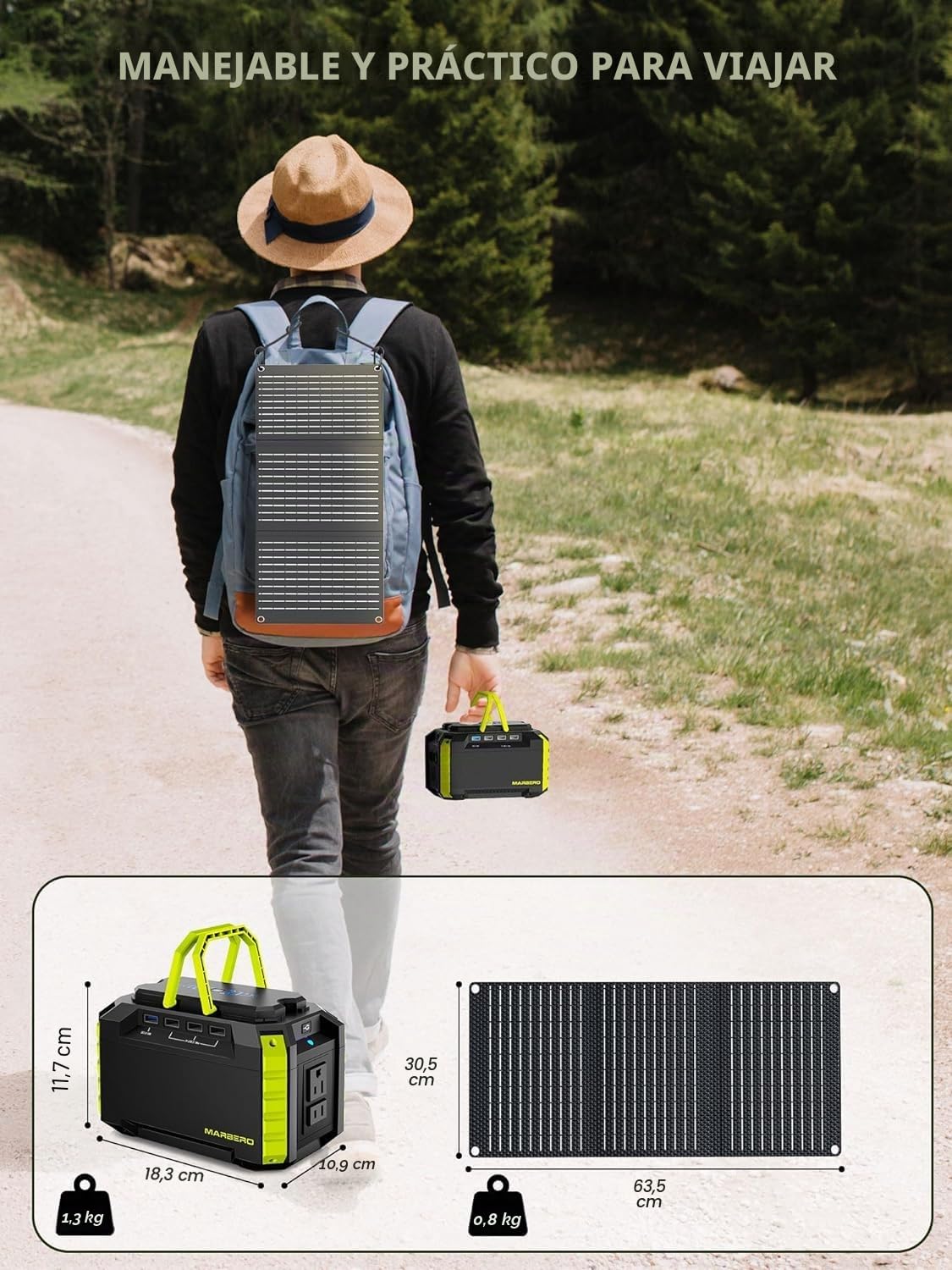 MARBERO - Generador solar de 150 W con panel solar incluido, alimentación para camping, 150 Wh con panel plegable de 30 W para exteriores, autocaravana, pesca, emergencia