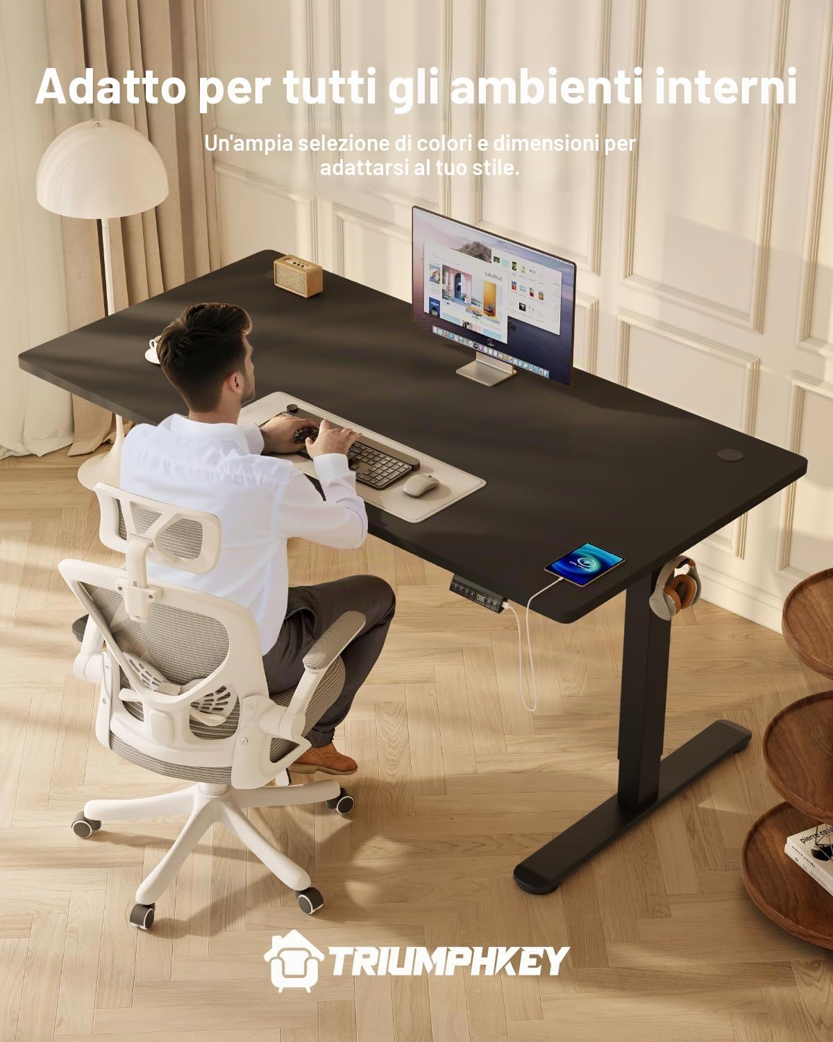 TRIUMPHKEY Scrivania Elettrica Regolabile in Altezza, 160 x 80 cm, 3 Funzioni Memoria, Porta USB, Con 2 ganci, Tavola Splice Standing desk, In Piedi Adatta Per Casa E Ufficio, Nero+Nero