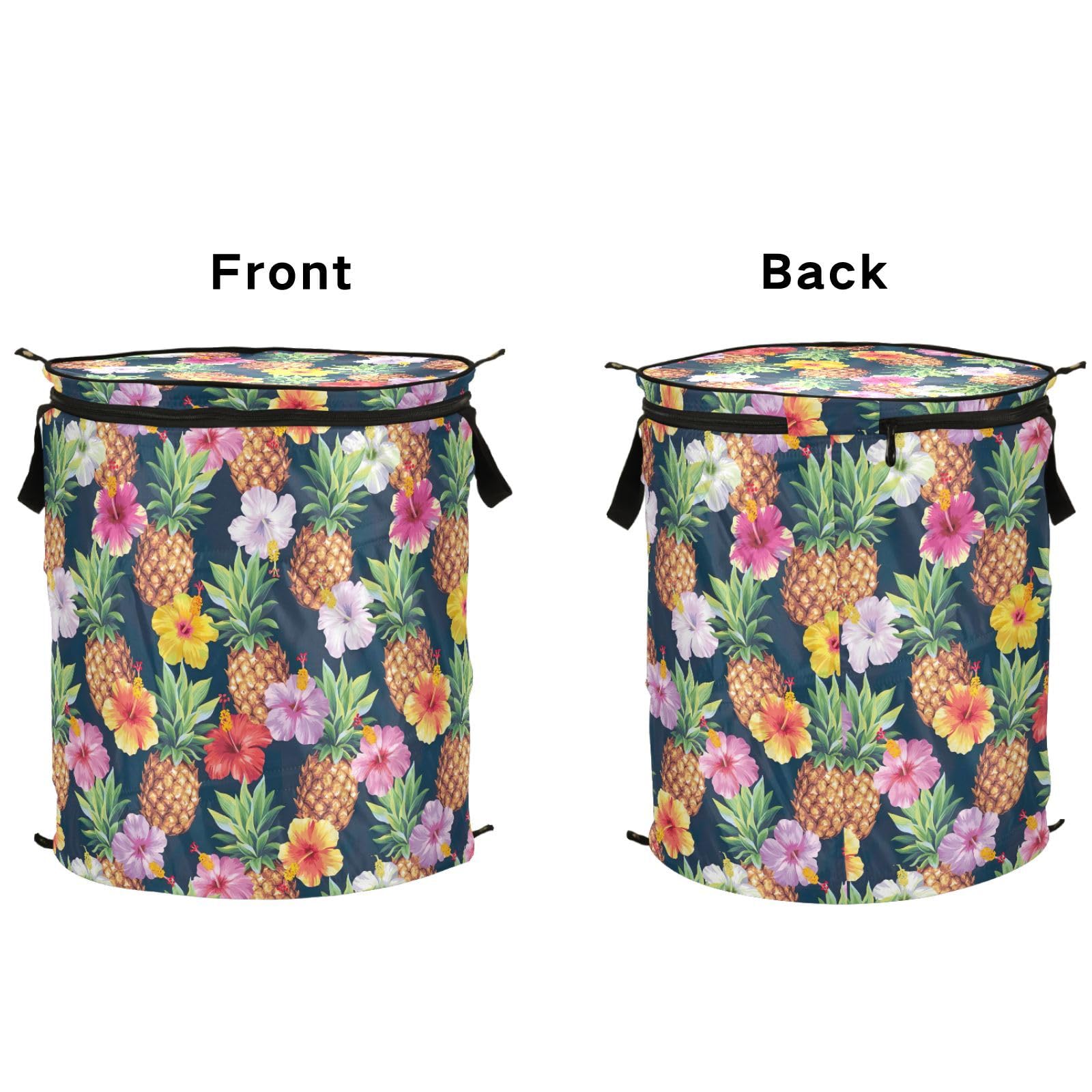 Hawaiian Pineapples and Hibiscus Flowers Foldable Basket for Laundry, Laundry Hamper Lightweight, Travel Laundry Bag Pop up