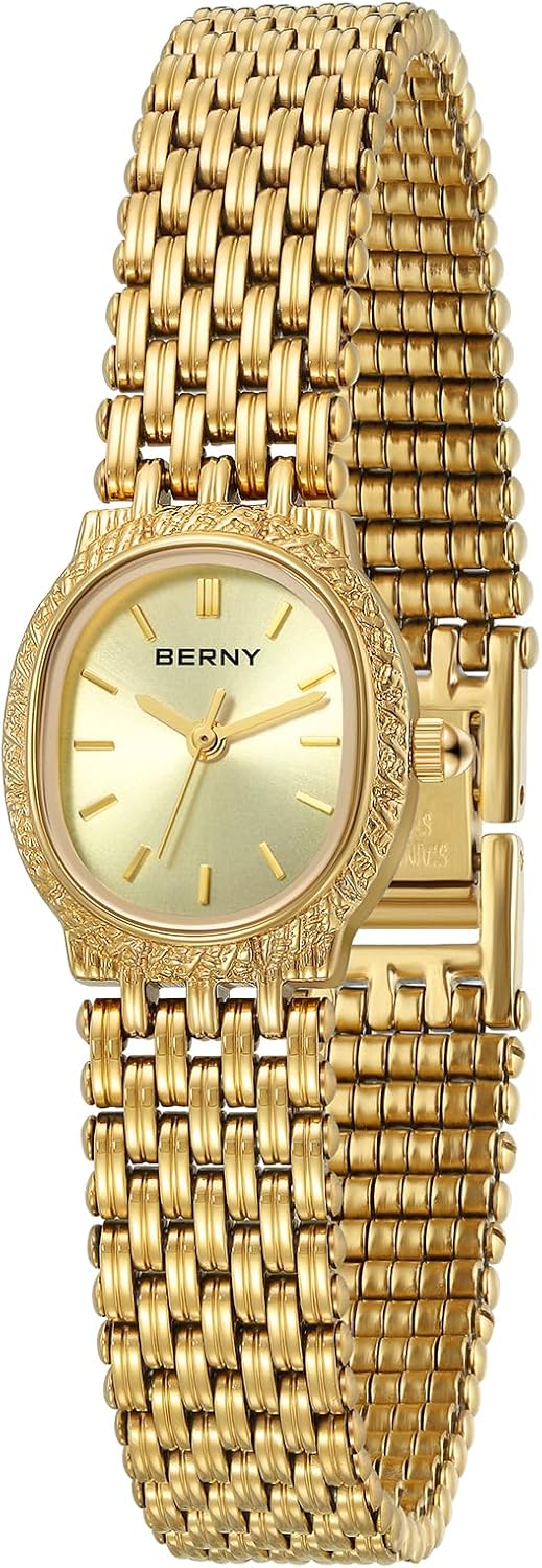 BERNY Gold Watches for Women Vintage Bracelet Wrist Watch Luxury Small Ladies Oval Quartz Watch with Tools Included