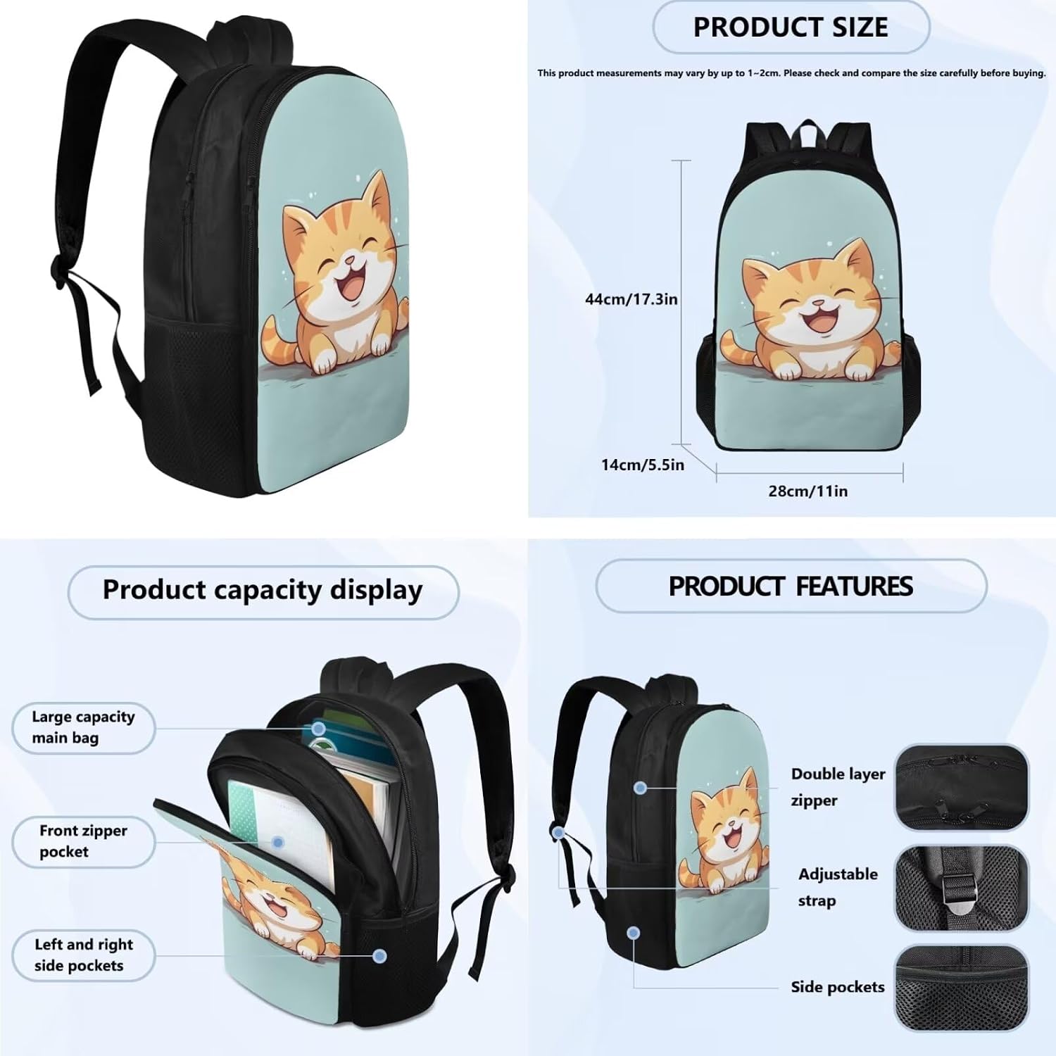 School Backpack Set with Lunch Bag for Girls 6th Grade Cute Cat Print for Teen Girls 3 in 1 Pencil Bug Zipper for Junior High School Bookbag Set for School and Picnic Easy to Clean