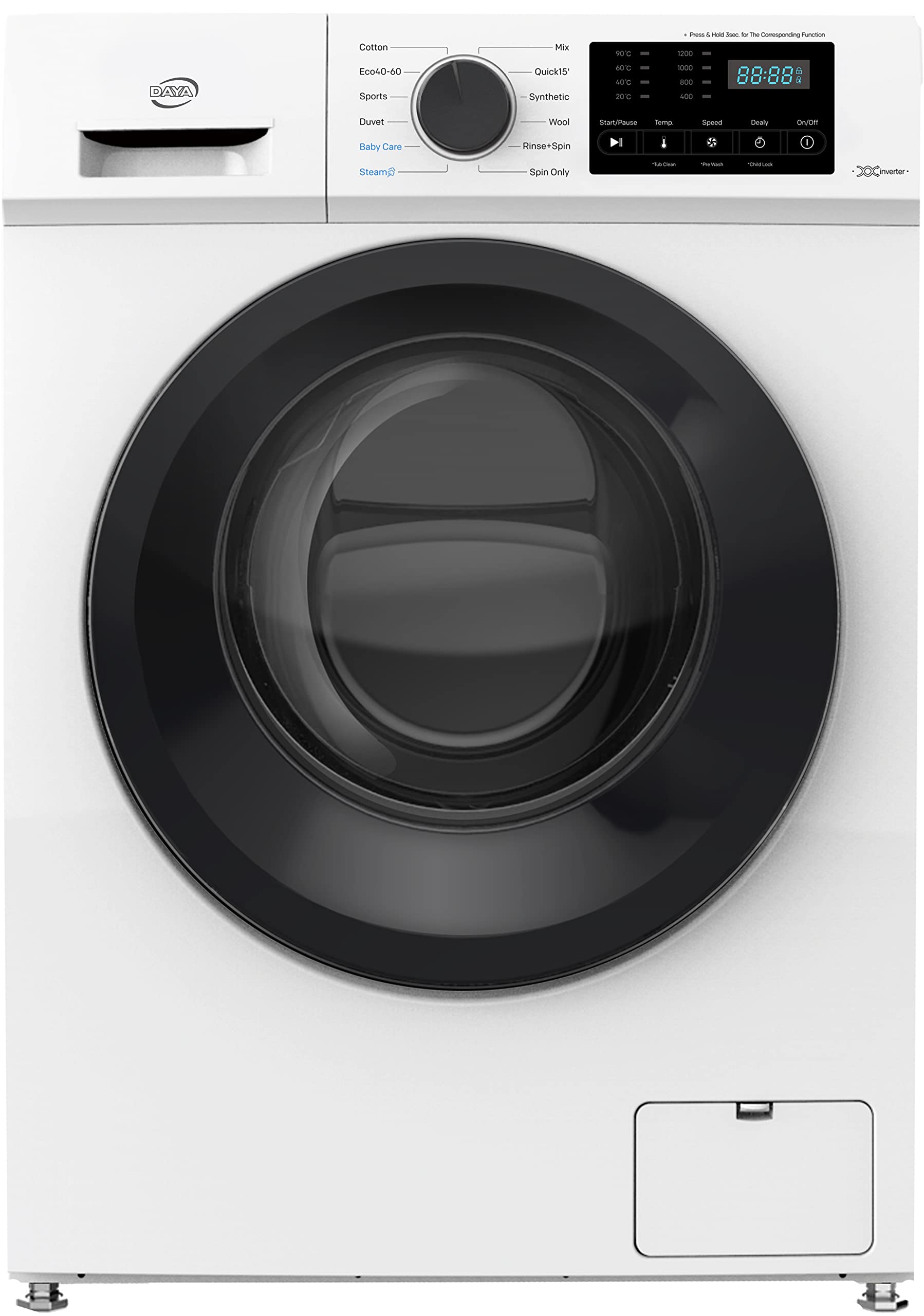 Daya lavatrice DSW-71423, carica frontale, classe D, motore BLDC inverter, capacità 7 kg, centrifuga 1400 giri, funzione vapore