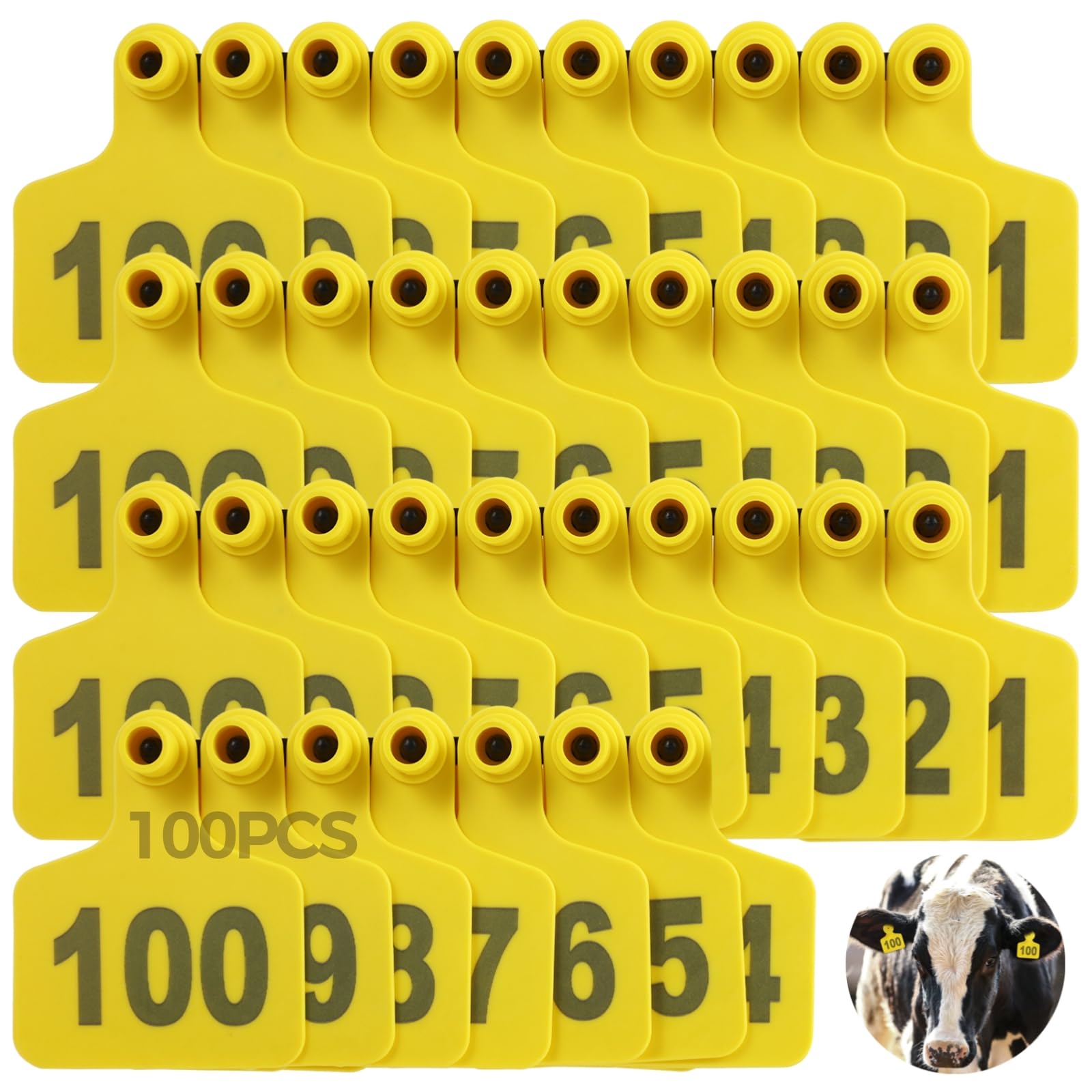 100 etiquetas amarillas para orejas de ganado, etiquetas de identificación de plástico numeradas 001-100 con aplicador de punta redonda para ganado, ovejas y cabras