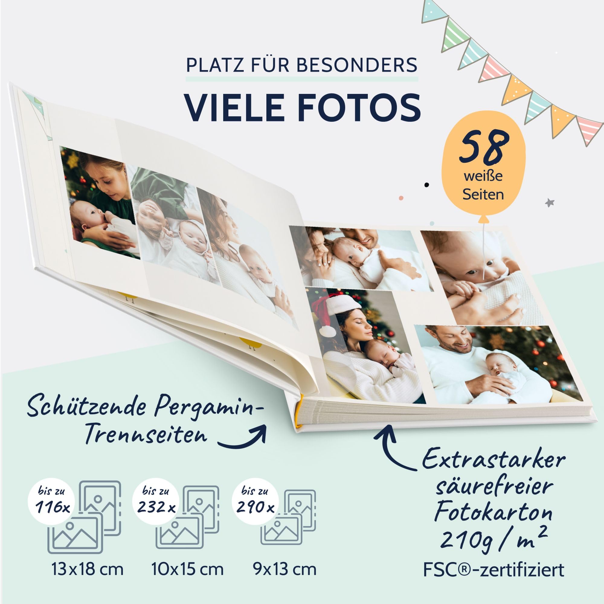 goldbuch 15 474 Babyalbum Hurra - Du bist da!, Babybuch 30 x 31 x 4 cm, Foto Album, 58 weiße Blankoseiten, 4 illustrierte Seiten, Einband aus Kunstdruck mit Goldprägung, Unisex, Fotobuch Weiß