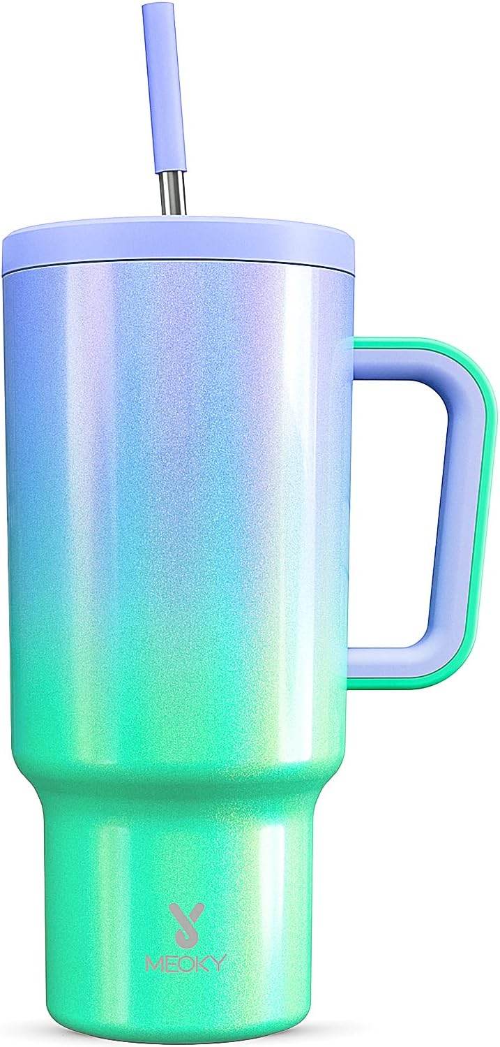 40oz Tumbler with Handle, Leak-proof Lid and Straw, Insulated Coffee Mug Stainless Steel Travel Mug, Keeps Cold for 34 Hours or Hot for 10 Hours (Green Purple)