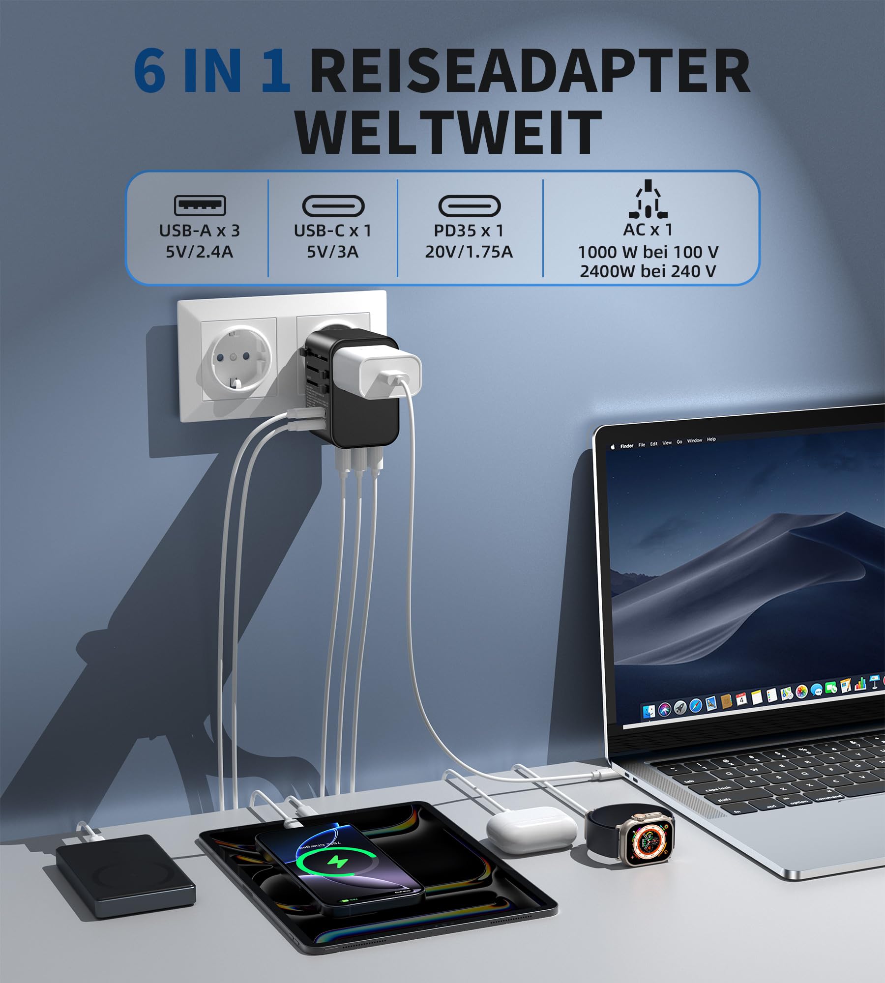 Adattatore da viaggio da 35 W, in tutto il mondo, con 2 USB C, 3USB-A e 1 presa AC, adattatore internazionale per la Germania, Stati Uniti, Francia, Spagna, Giappone, Thailandia, Italia da oltre 200