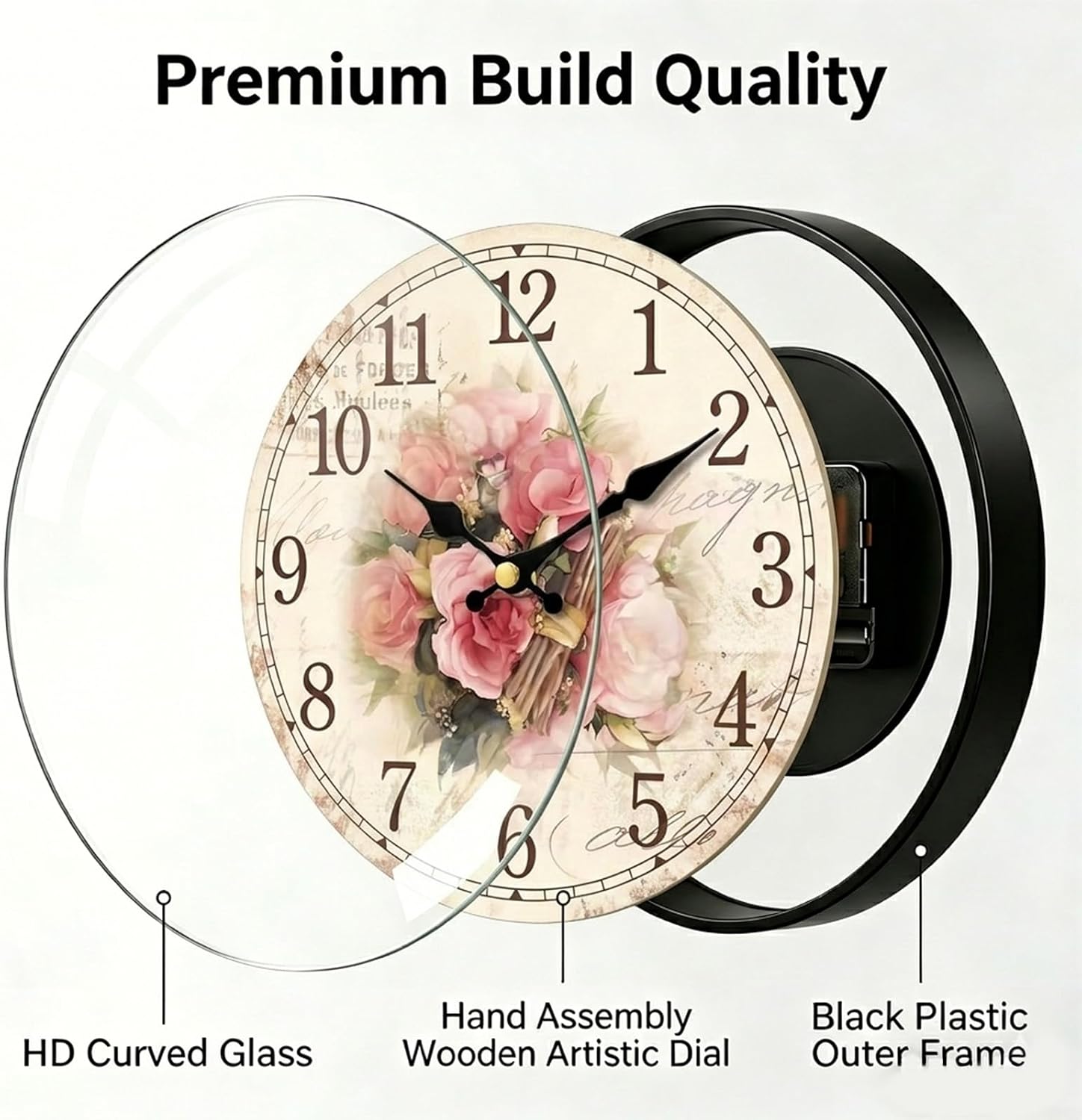 12in Wooden Floral Wall Clock Battery Operated Silent Home Decor