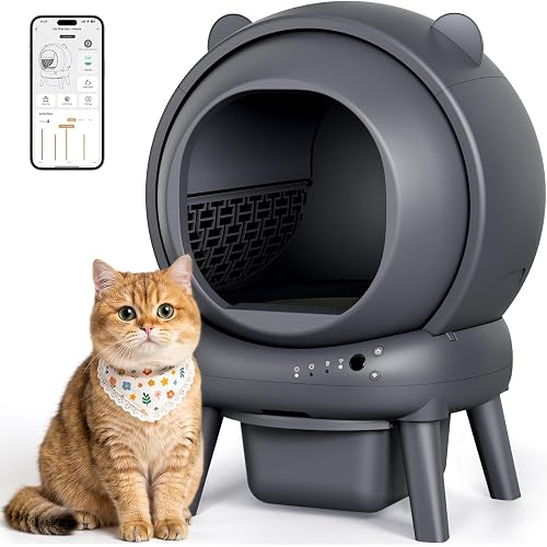 Automatic Litter Box with App Control, Self Cleaning Litter Box for Multiple Cats with Safety Sensors, Ultra-Quiet, Odor Control, Easy Maintenance with 2 Roll Garbage Bags, Gray