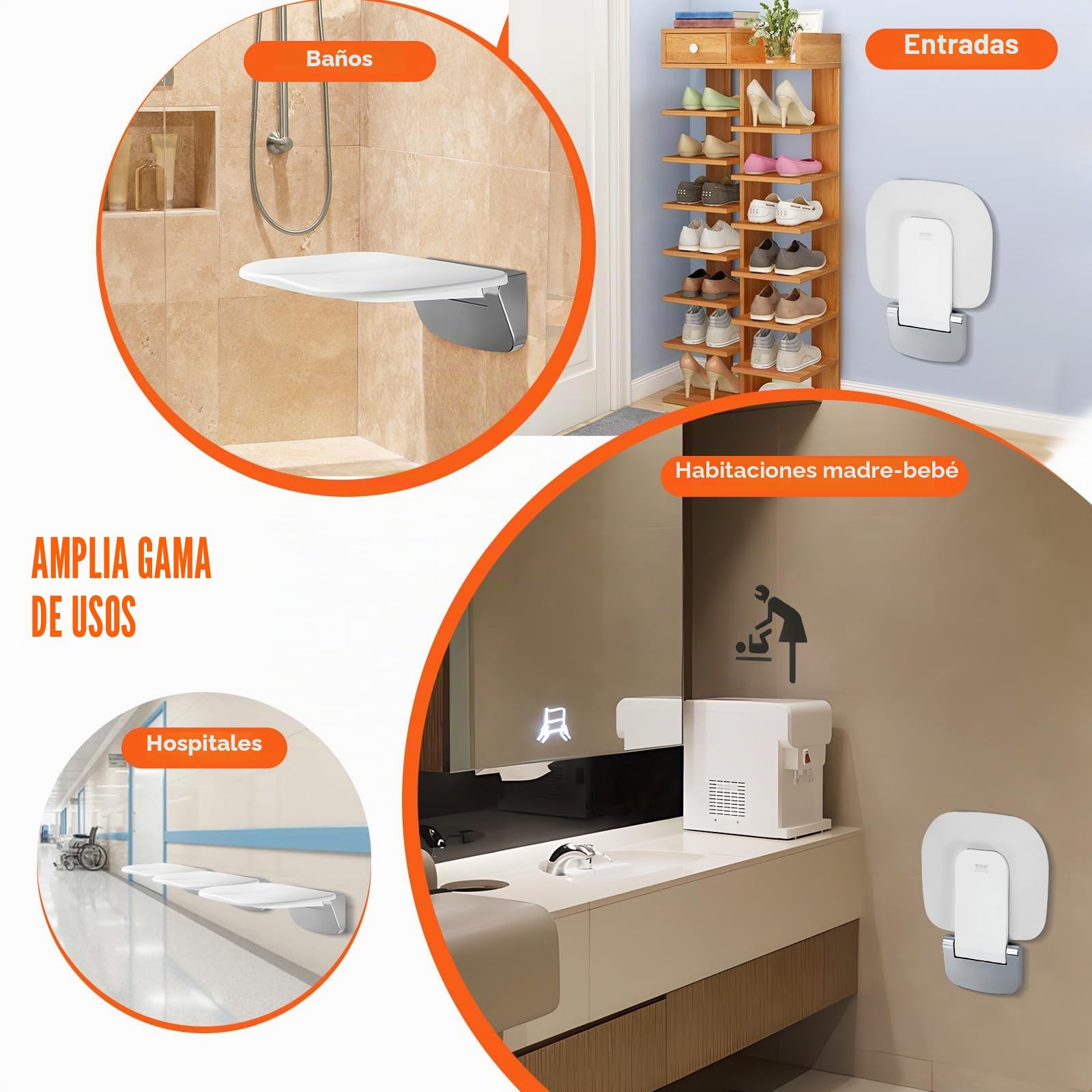 VEVOR Asiento de Ducha Plegable de Urea-formaldehído, 345 x 325 mm Desplegado, Montado en la Pared con Capacidad de Carga de 204 kg, Que Ahorra Espacio para Personas Mayores, Niños y Adultos, Blanco