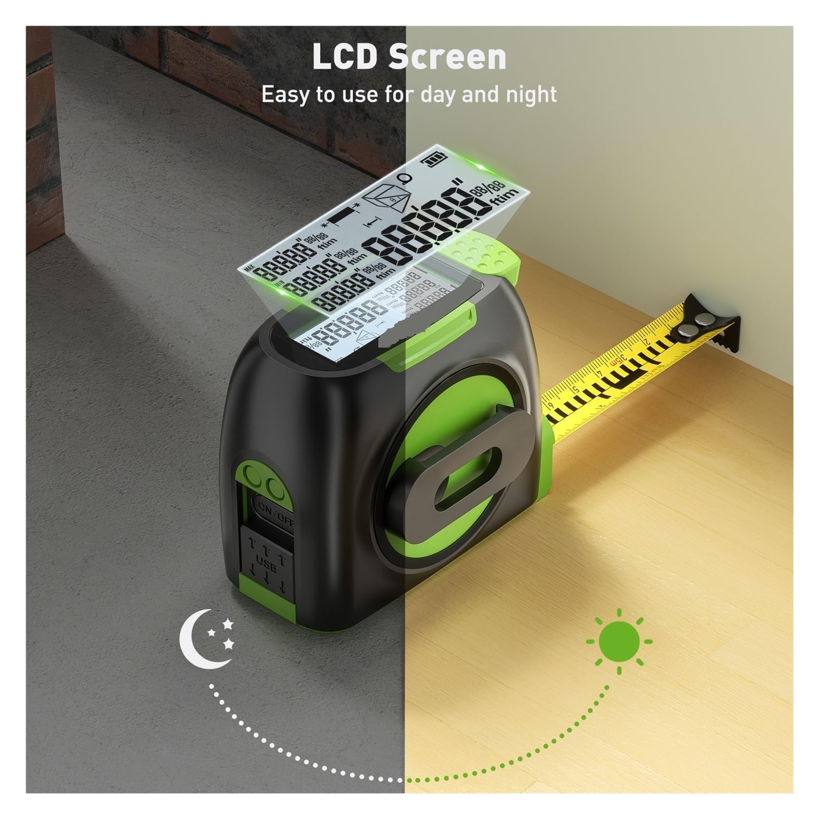 Cinta métrica láser Medidor de Distancia 2 en 1 Telémetro Digital Pantalla LCD Herramientas medición Recargables Precisión Flexibilidad Medición