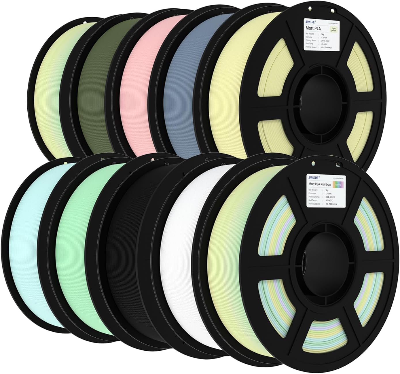 JAMG HE Matte PLA Filament 1.75mm, Dimensional Accuracy 1.75mm, 1kg(2.2lbs) Cardboard Spool 3D Printing Filament Fits for Most FDM 3D Printers (10MixColor)