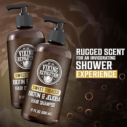 Miniatura 5 de Viking Revolution Sweet Tobacco - Juego de champú y acondicionador para hombre con biotina y aceite de jojoba, champú natural para el cabello y