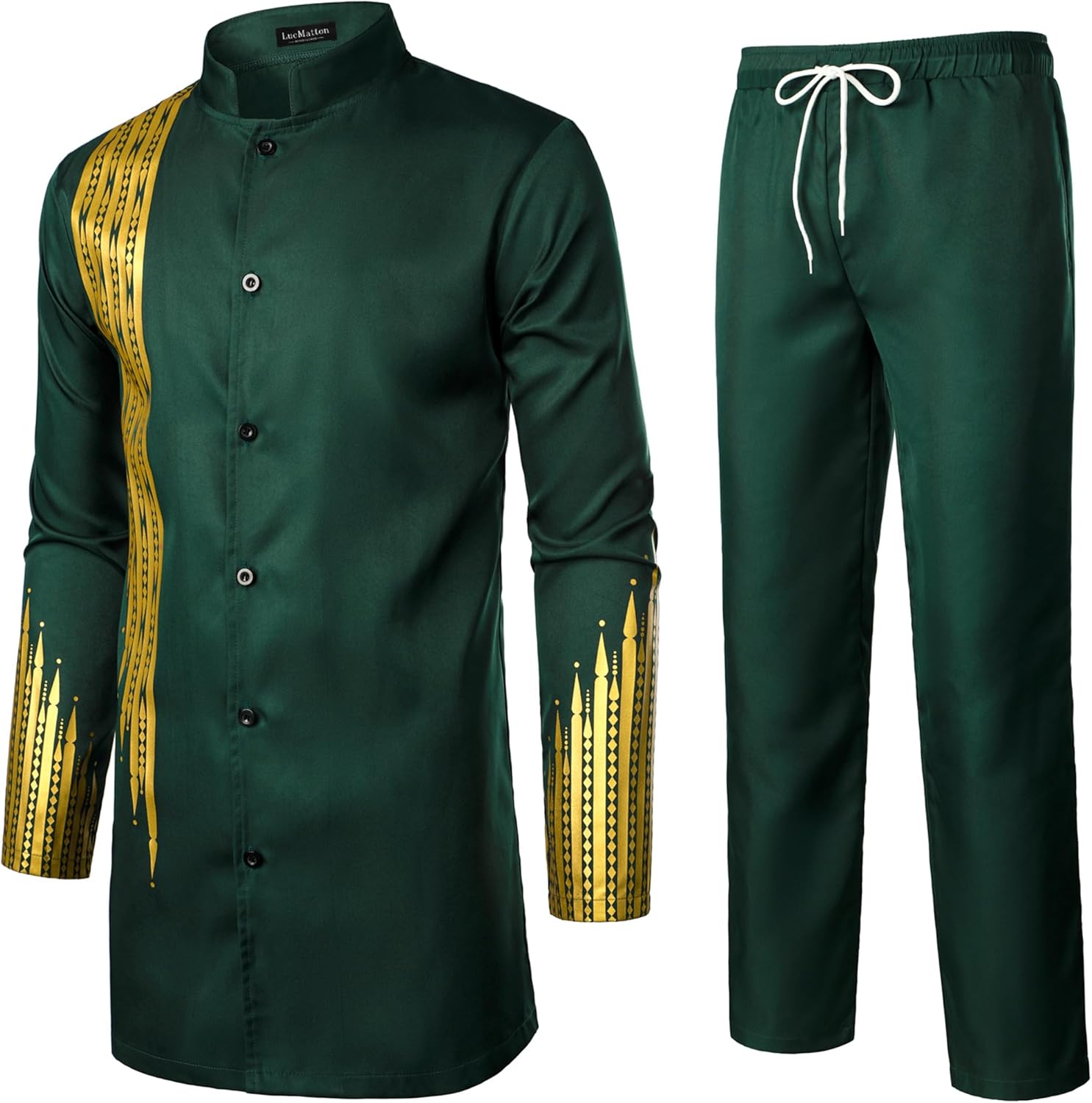 LucMatton Men's African Attire 2 Piece Set Gold Foil Print Button Up Long Sleeve Shirt and Pants Suit Dashiki Outfit