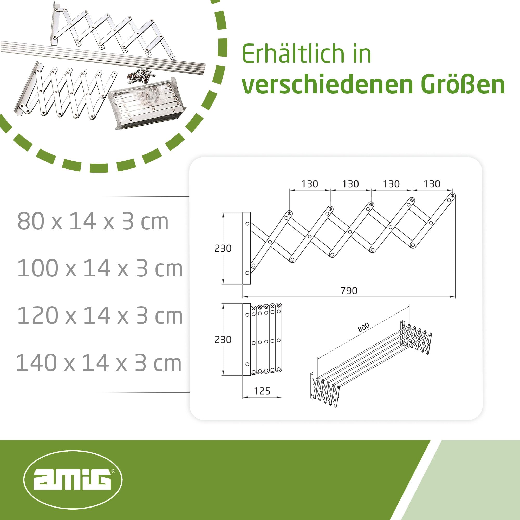 Amig - Ausziehbarer Wandwäscheständer | Hergestellt aus hochfestem Aluminium | Edelstahlfarbene Oberfläche | Maße: 80x14x3cm | Faltbarer Wäscheständer | Außenwäscheständer