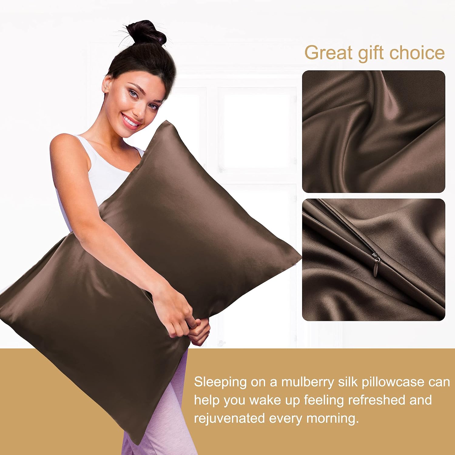 Sourcingmap 100% Pure Mulberry Charmeuse Silk Pillowcase Pillow Case Cover for Hair & Skin 19 Momme 350tc Standard Size 20x26 Inch/51x66cm Coffee Color (1-Piece) - Image 3