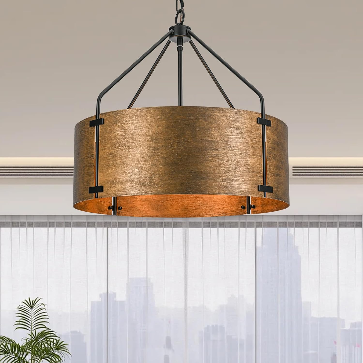 Drum Chandeliers for Dining Room,22 in Brown Metal Dining Room Light Fixture Over Table, Industrial Modern Farmhouse Pendant Light for Kitchen,Entryway,Living Room