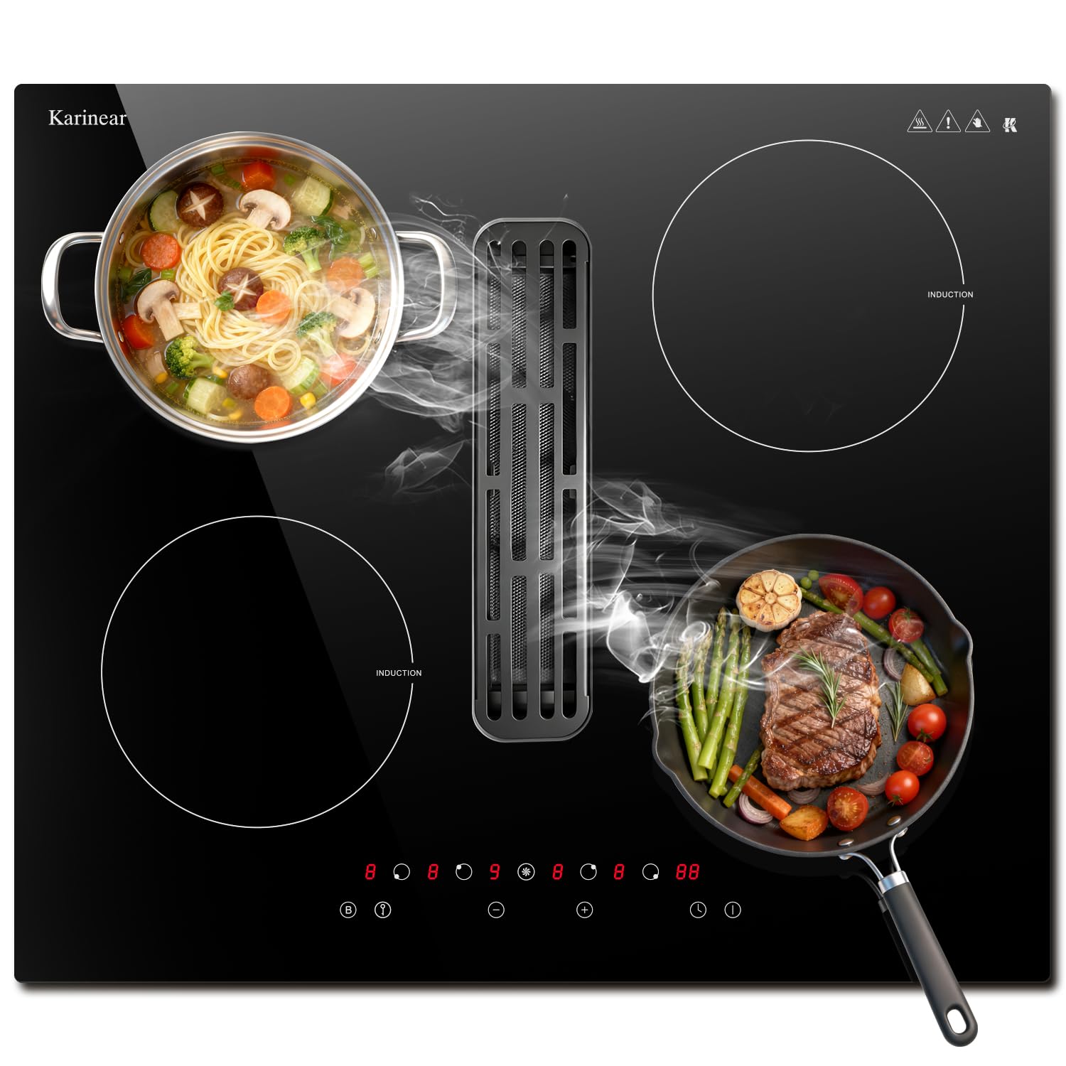 Karinear Induktionskochfeld mit Dunstabzug, Kochfeld Autarkes, 7200W Induktionsfeld mit 145W Dunstabzug, Booster, Timer, Pause, Touch-Steuerung, 220-240V, Kein Stecker