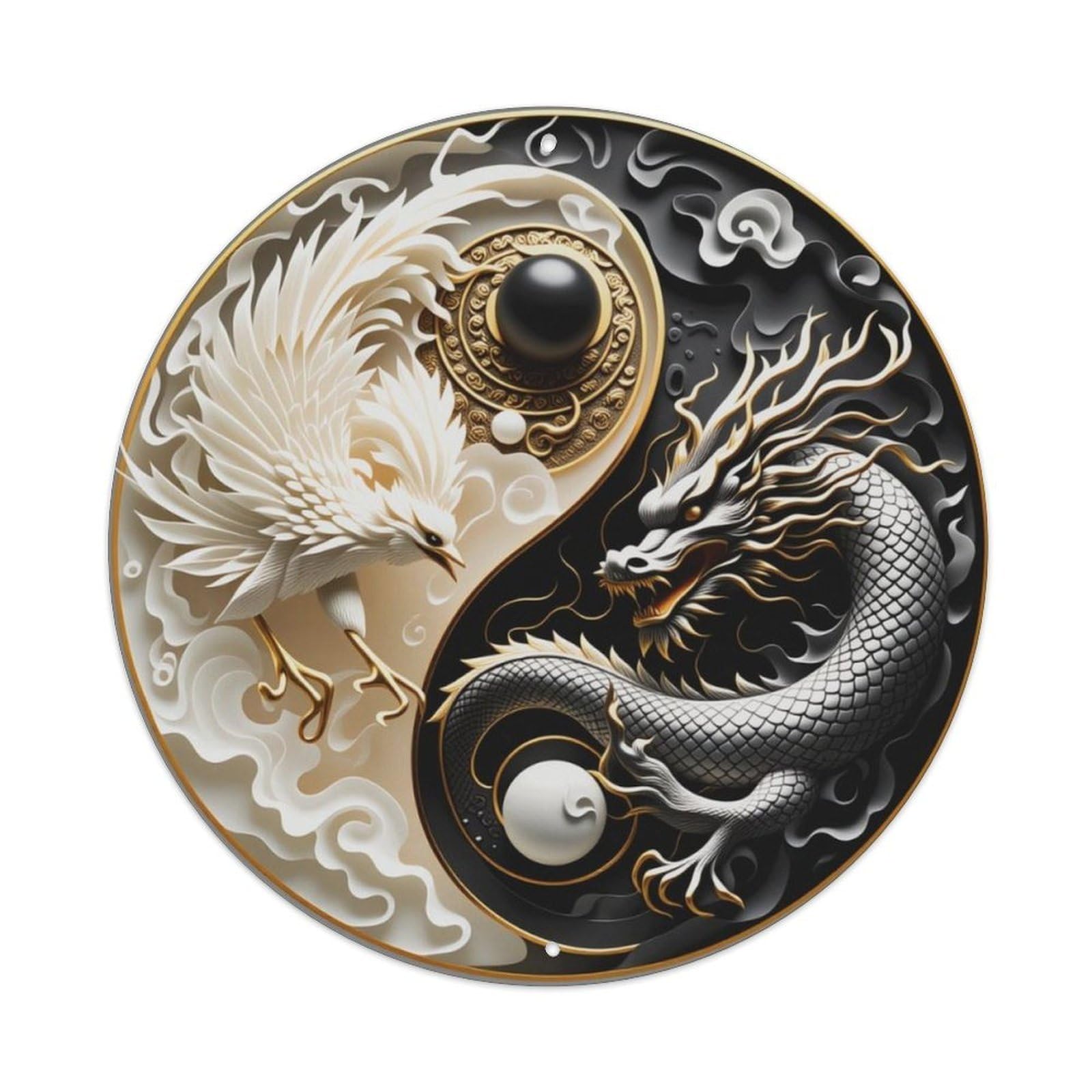 Yin Yang Dragon Phoenix Chinese Style Round Decor Sign Vintage Aluminium Metal Sign, Retro Wall Decor for Home, Bar, Garage & Farmhouse 20x20cm