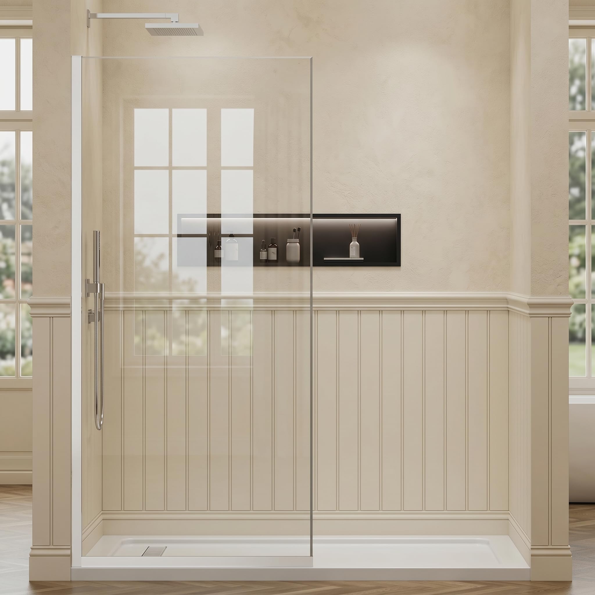 Condition photo showing New/Like New for 36"x76" fixed shower door,3/8" safety glass shower panel, bright chrome | sgcc tempered glass,dual nano coating,reversible mount,frameless half wall shower screen for walk-in shower, bathroom