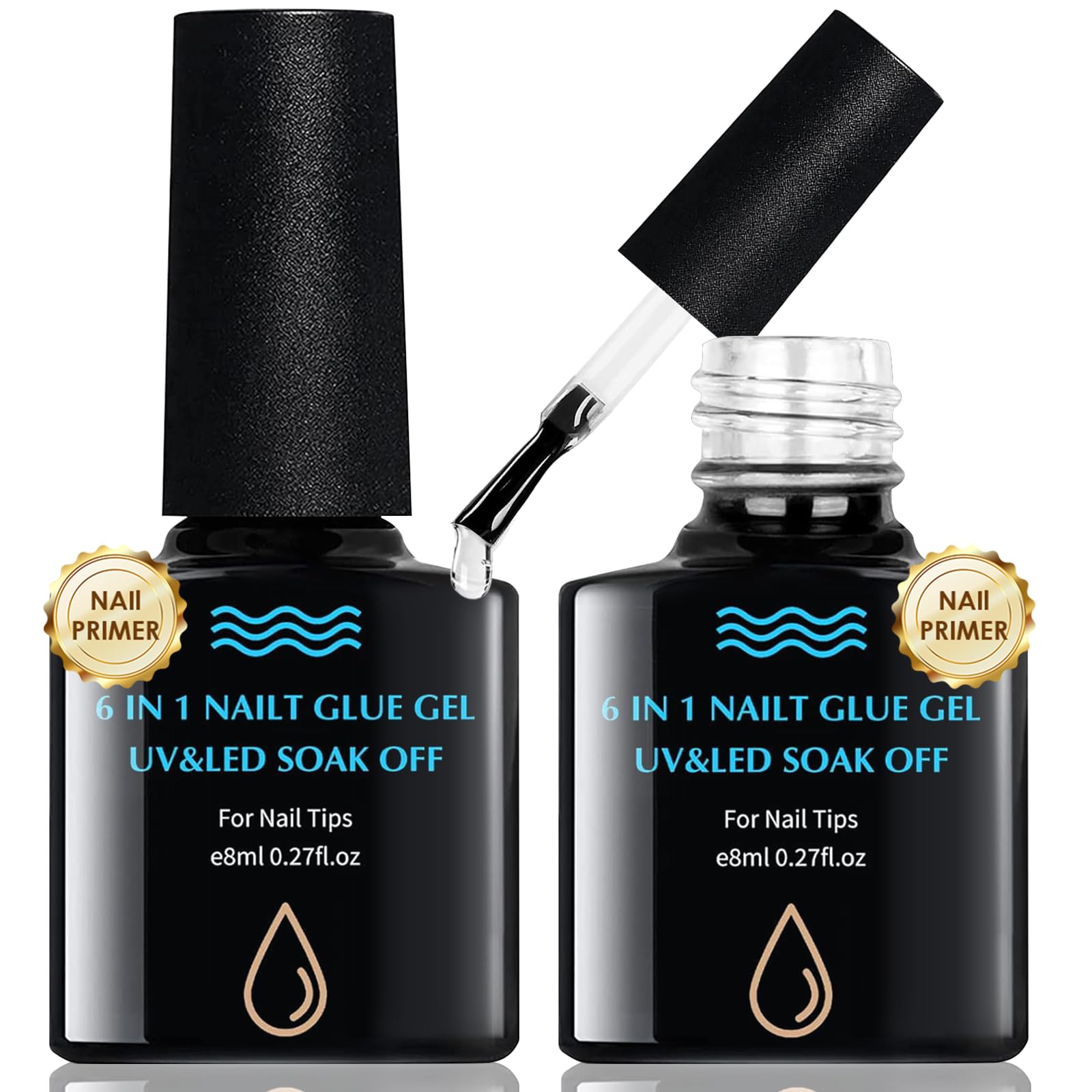 2 Pcs Pegamento Uñas Postizas Super Fuerte con Pincel, 8ML 6 en 1 Pegamento para Uñas Acrílicas, Pegamento Uñas Postizas, Curar Bajo UV Lámpara Y Uñas A Presión, Arte de Uñas