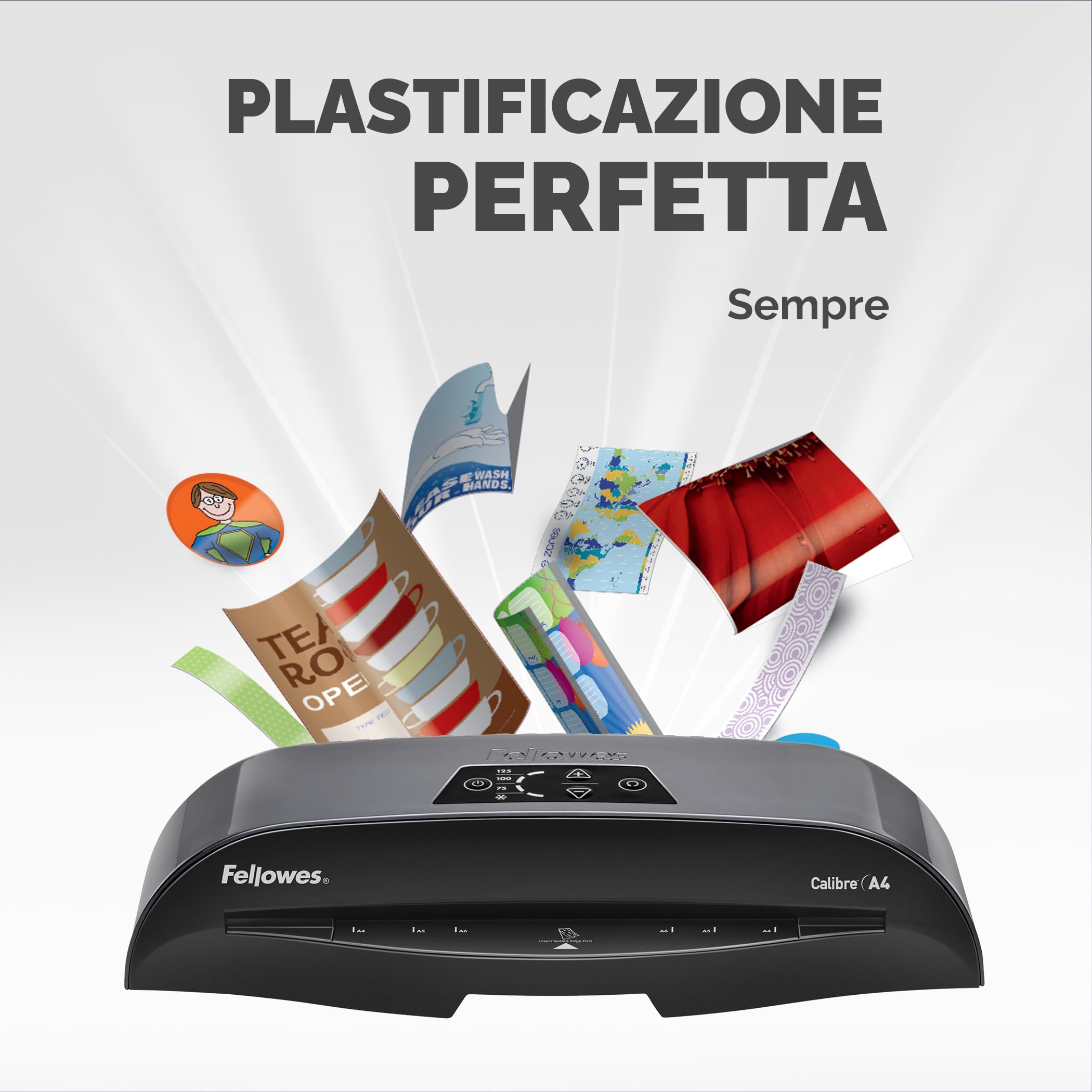 Fellowes Plastificatrice A3 Calibre per piccoli uffici, Pronta in 1 minuto con Spegnimento e modalità Riposo, 80-125 Micron, Kit con 10 fogli A4 per plastificazione incluso, Nero