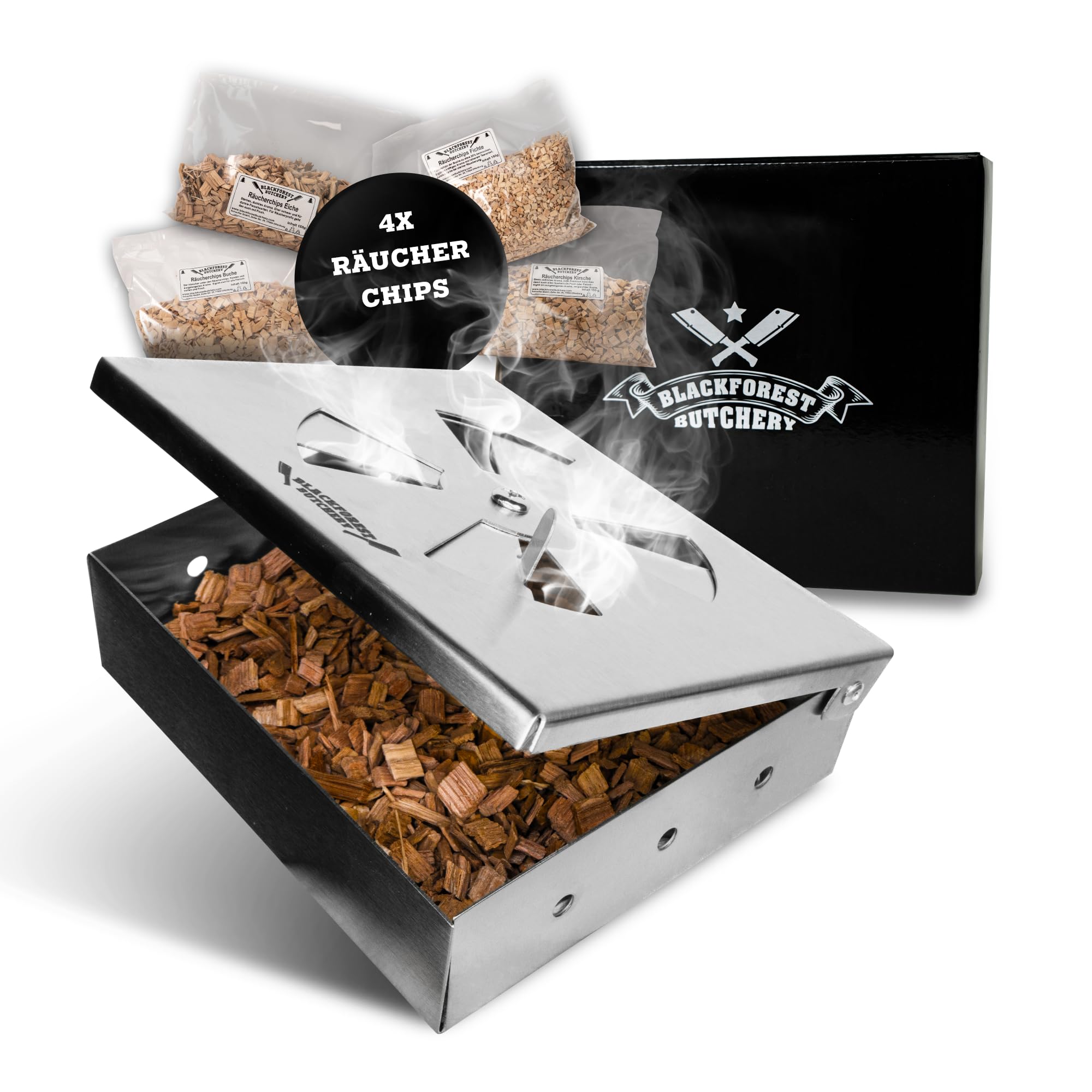 Blackforest Butchery - BBQ Räucherbox Set inkl. Räucherchips – Smokerbox aus Edelstahl – Smokergrill-Flair bei jedem Grillmodell - Maße: 14,5cm x B 13cm x H 4,5cm