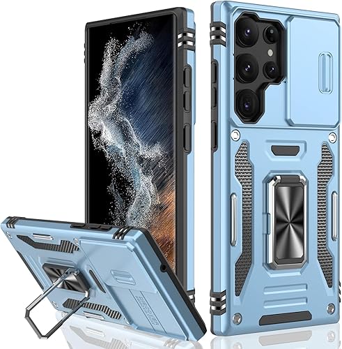 Miniatura 7 de Funda para Samsung Galaxy S23 Ultra con cubierta para cámara deslizante, cubierta de grado militar protección de cámara Soporte de anillo giratorio