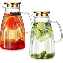 Buaic 2 PACK Glass Pitcher with Lid and Widened Handle,68 oz / 2L Vertical Stripes Water Pitcher for Fridge, Borosilicate Glass Water Carafe for Cold Brew, Iced Sun Tea,Beverage,Coffee Hot/Cold