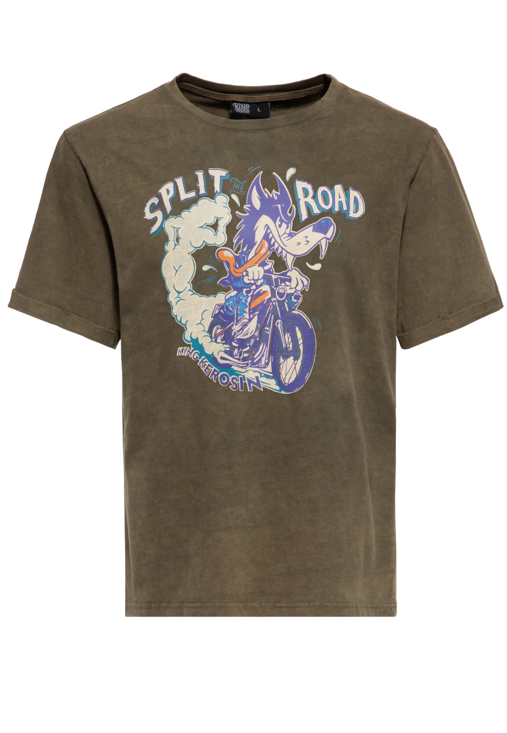 King Kerosin Męski T-shirt | koszulka z nadrukiem | koszulka z krótkim rękawem | styl vintage | krój regularny | rowerzysta | nadruk | grafika | kreskówka | komiks | retro Split Road