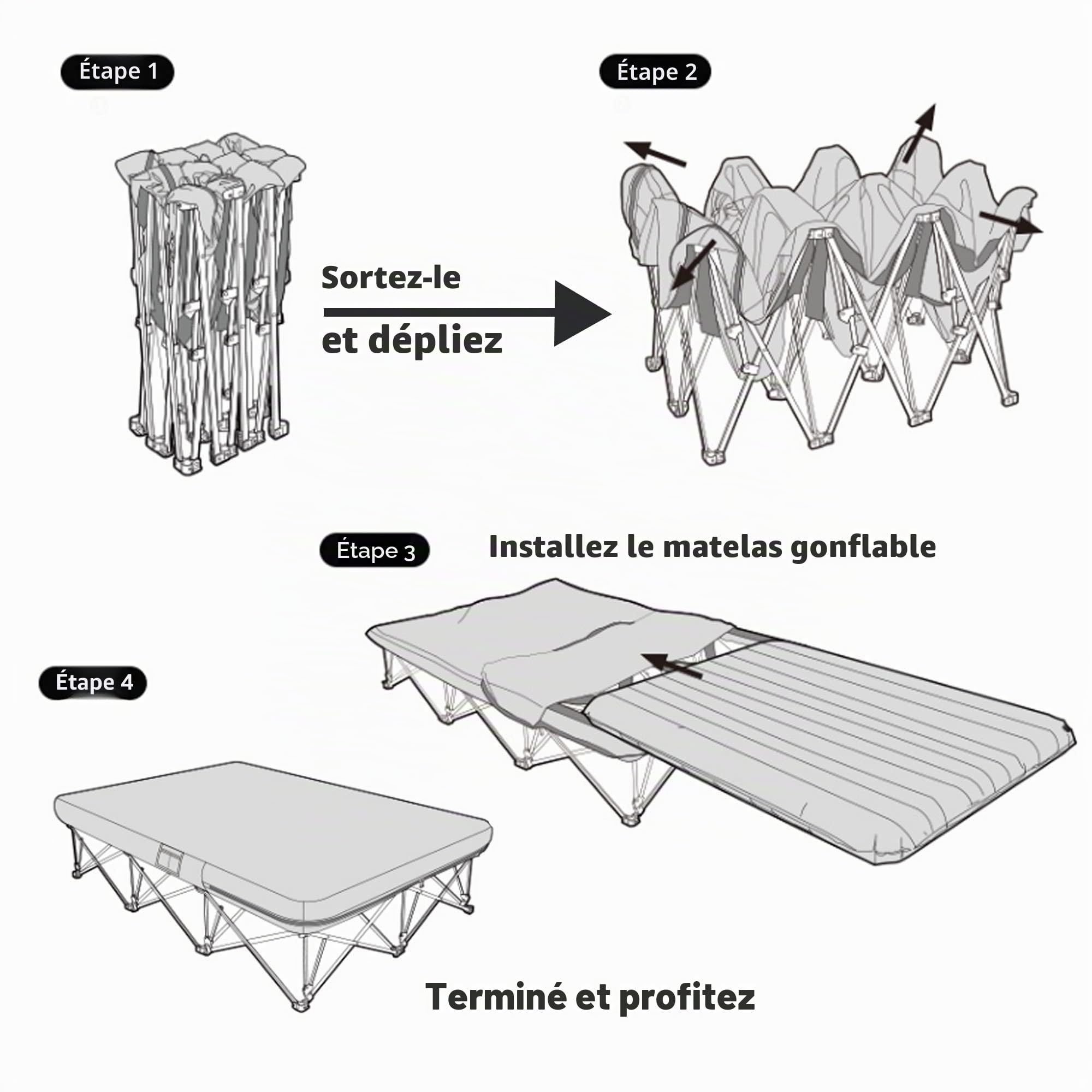 Naturehike Lit de camp pliable pour 2 personnes, cadre de lit de camping pliable pleine taille avec poche latérale et sac de transport, matelas gonflable uniquement non inclus dans la livraison