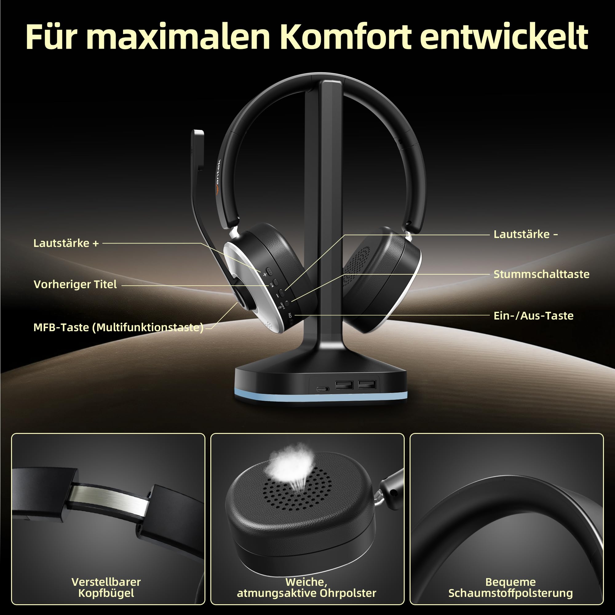 Wantek Casque Bluetooth sans Fil avec Micro, Casque sans Fil avec Station de Charge, Dongle USB, Casque Bluetooth avec Microphone pour PC Bureau Zoom Skype Ordinateur Portable Centre d'appel équipes