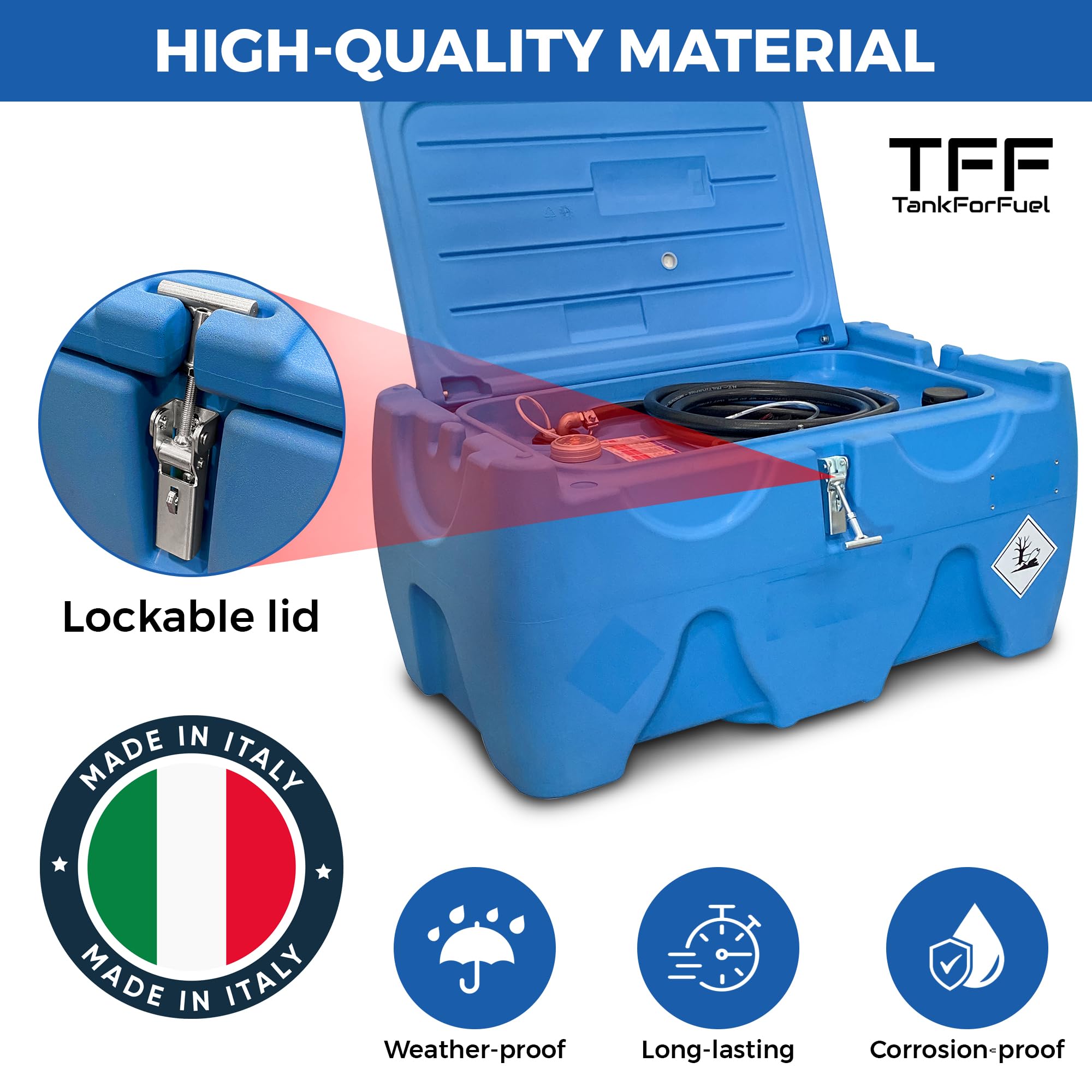 TFF Tanque AdBlue Portátil, 150 Litros con Bomba Sumergible 12V con un caudal de 15 l/min. Bomba AdBlue con Cable de Conexión a Batería y Manguera Flexible de 4 m con Pistola de Suministro