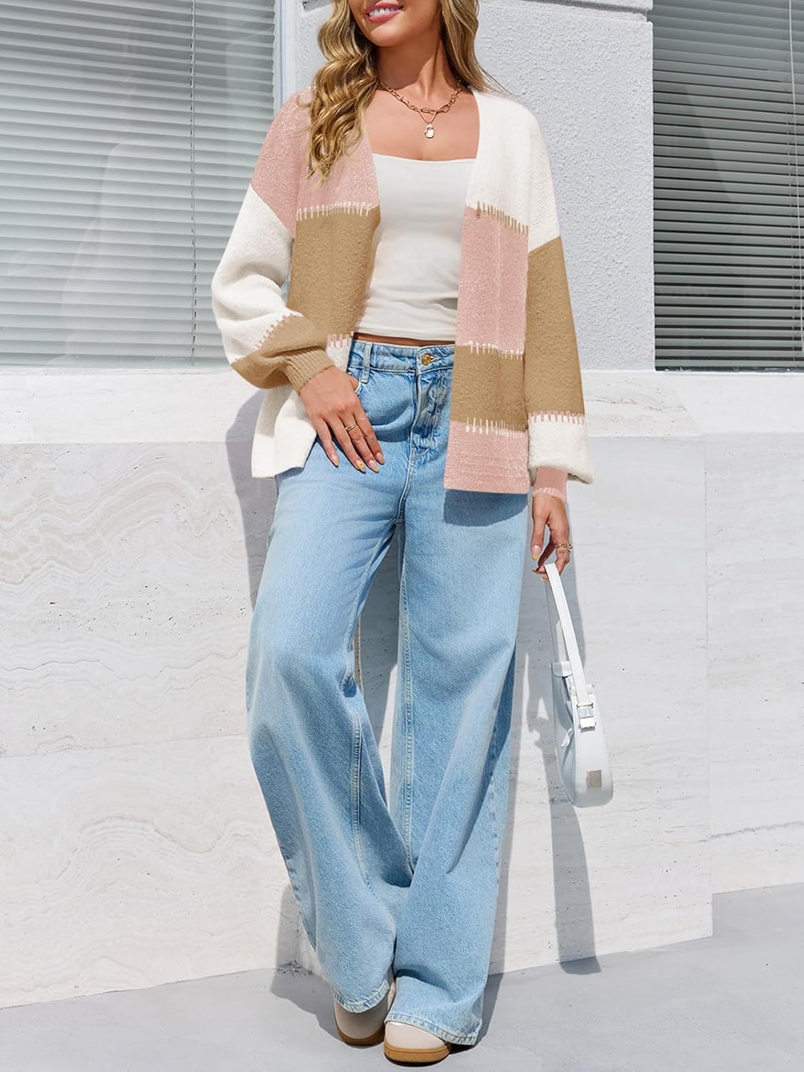 Yousify Womens Cardigan Sweater Color Block Open Front Long Puff Sleeve Casual Chunky Knit Cardigans 2025 Fall Outerwear - Image 6