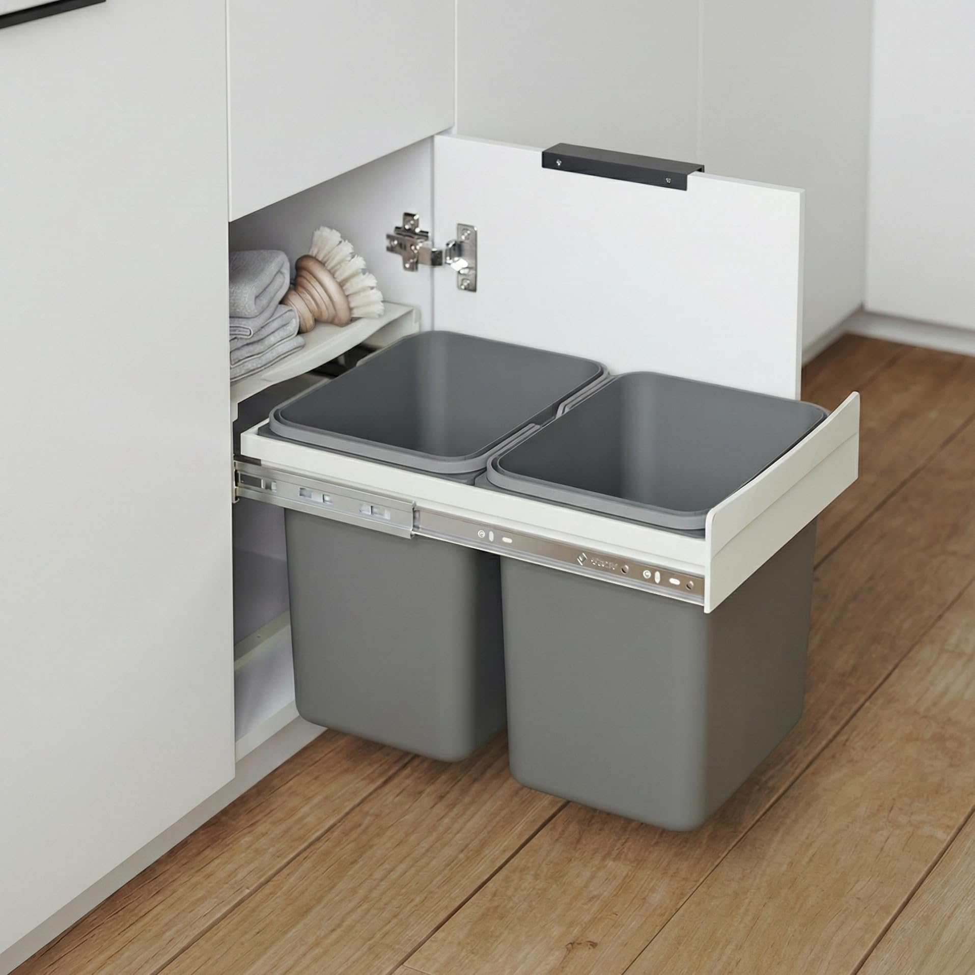 Einbau-Mülltrennsystem für 45 cm Unterschrank Müllauszug System mit Griff und Metallschienen Vollauszug zur Müllsortierung 2-fach Abfalltrennung (2x 20L), 41,4 x 50,5 x 45 cm