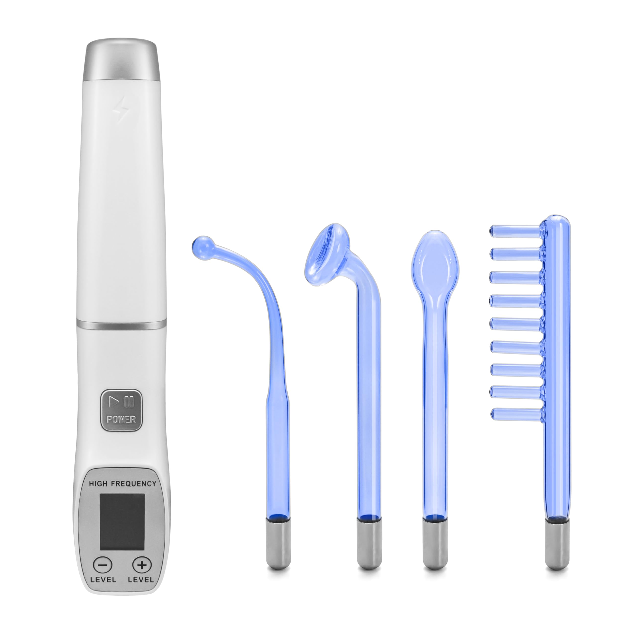 High Frequency Electrotherapy Wand with Display Multi-functional Portable Handheld Light Therapy Wand for Acne Skin Rejuvenation Hair Growth Facial Device (White Digital Handle with 4 tubes Blue)