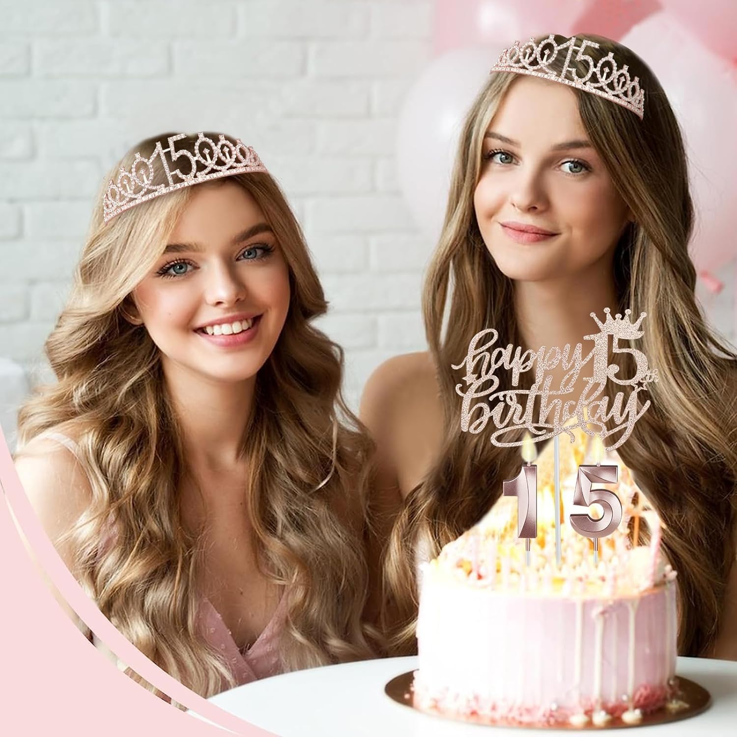 Dekoracja na 15 urodziny dziewczynki, korona i szarfa z okazji 15. urodzin, dekoracja tortu Happy Birthday i świeczki, balon foliowy w kolorze różowego złota 15, prezent urodzinowy dla dziewczynek 15