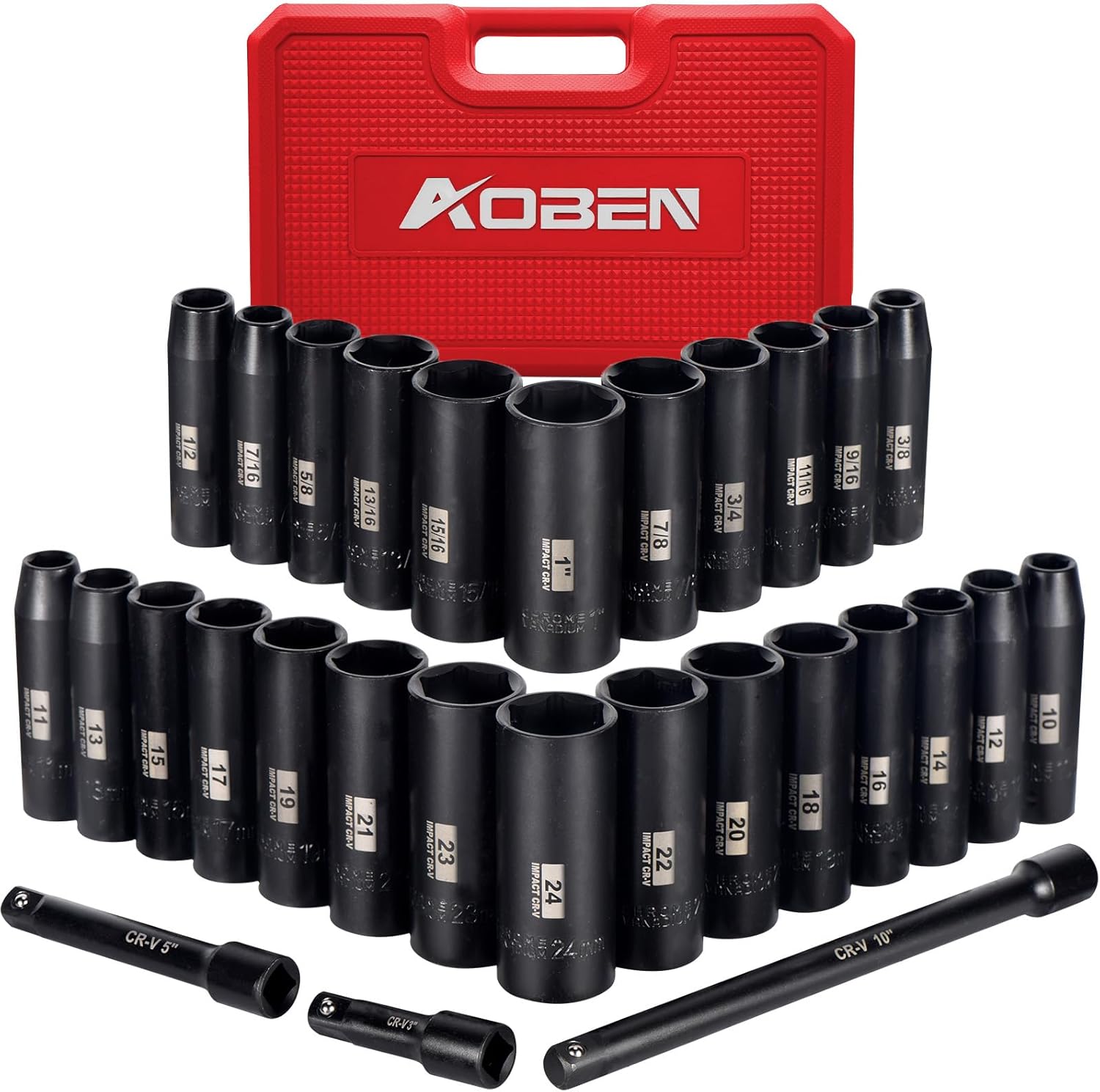 AOBEN 1/2-Inch Drive Impact Socket Set, 29 Pieces, 6 Point, SAE/Metric, (3/8" - 1", 10mm - 24mm), Deep, Cr-V Steel, Includes 3", 5", 10" Extension bars 1/2-Inch 29PCS