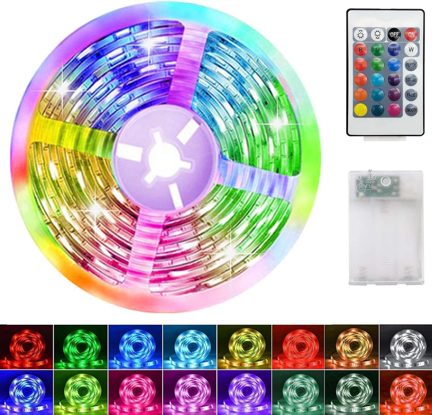 LED Strip Battery 5 m, RGB 5050 Self-Adhesive 16 Colour Changing, Battery Operated LED Strip Lights, Self-Adhesive LED Strip with Remote Control, for Cabinets, Stairs, Kitchen, Beds