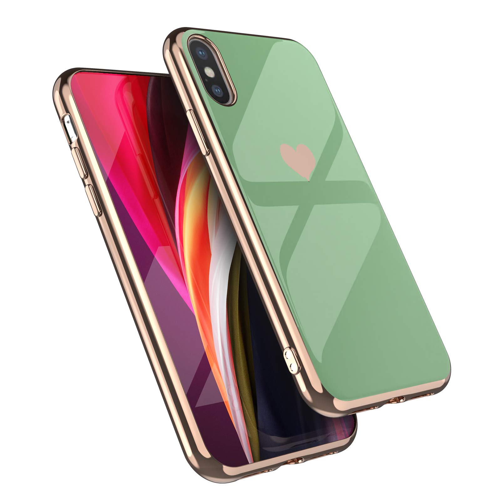 EYZUTAK Case for iPhoneX iPhone Xs, Soft Silicone TPU Slim Case Heart Case Simple Luxury Shockproof Protective Case -Mint Green Heart