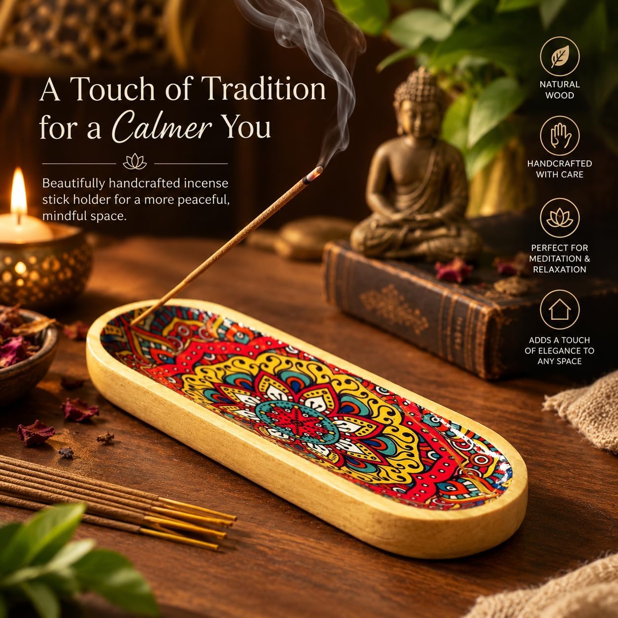 Yajna Traditional-Handmade Incense-Stick-and-Cones-Holder Incense-Burner-ash-Catcher-Stand Wooden-Tray-Holder (Mandala)
