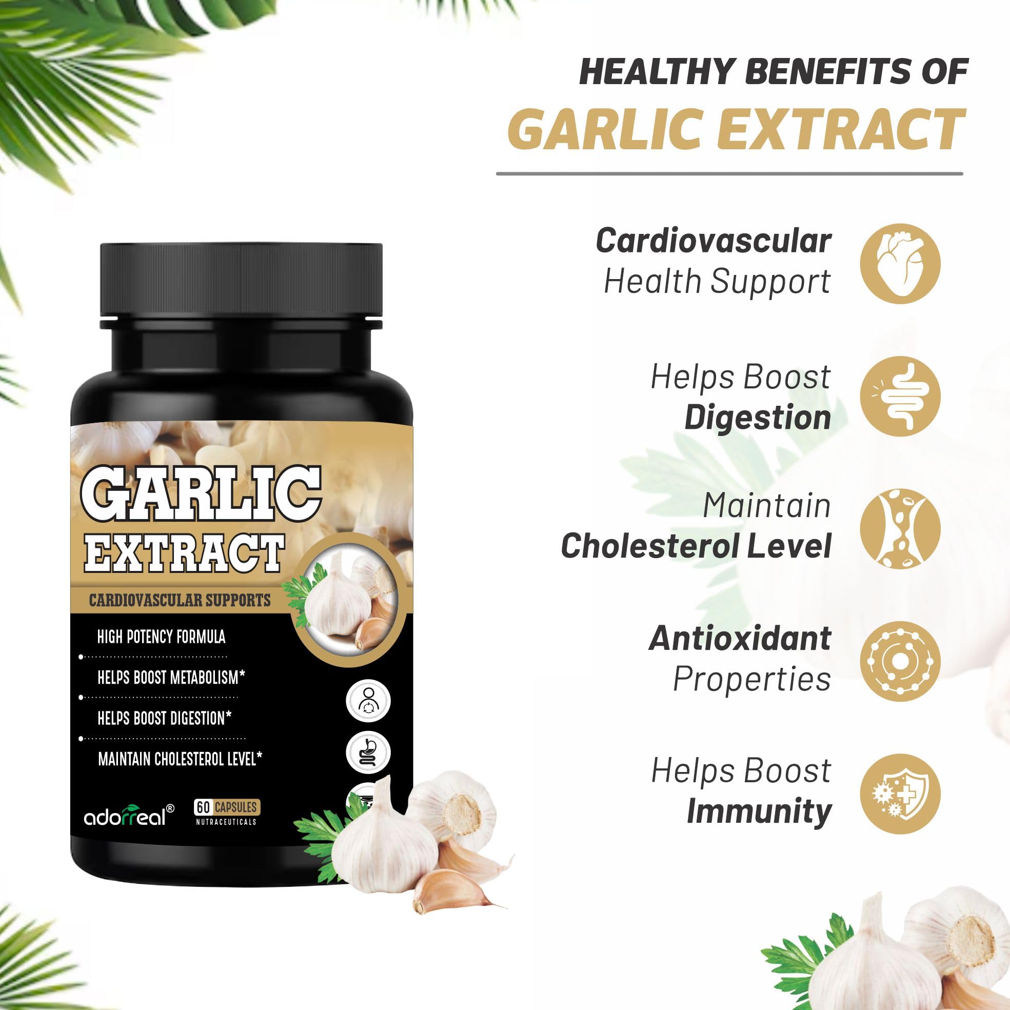 Adorreal Garlic Capsules 600mg – Odorless Garlic Extract for Heart Health, Cholesterol & Immunity Support – Natural Antioxidant Supplement – 60 Veg Capsules 1