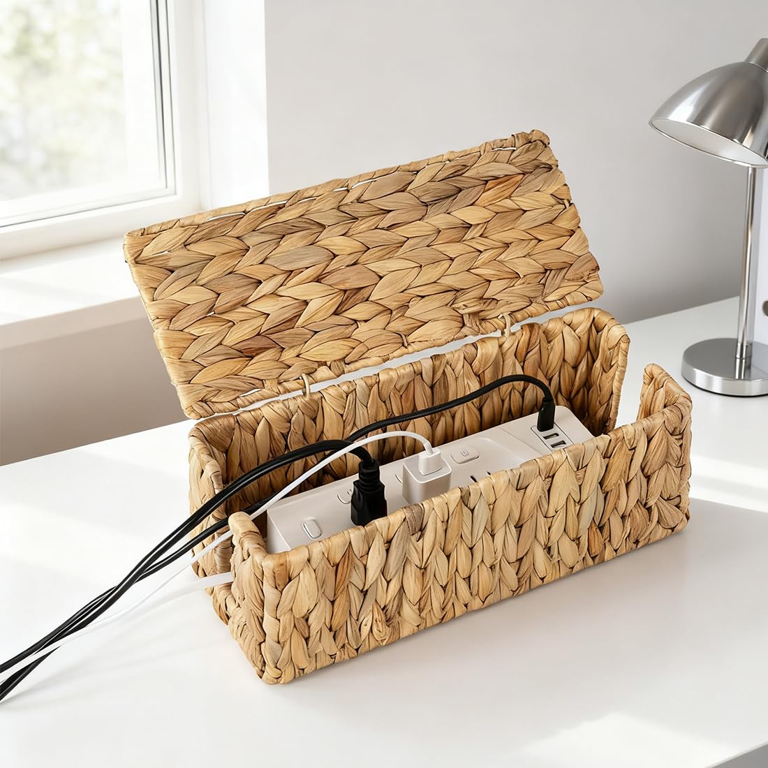 LOMUG 2 Stück Handgefertigte Wasserhyazinthe Kabelbox, Kabelbox mit Steckdosenleiste mit Abdeckung, Kabelmanagementbox mit Seitlicher Öffnung zum Verstecken von Kabeln, Geeignet für Büro, Zuhause