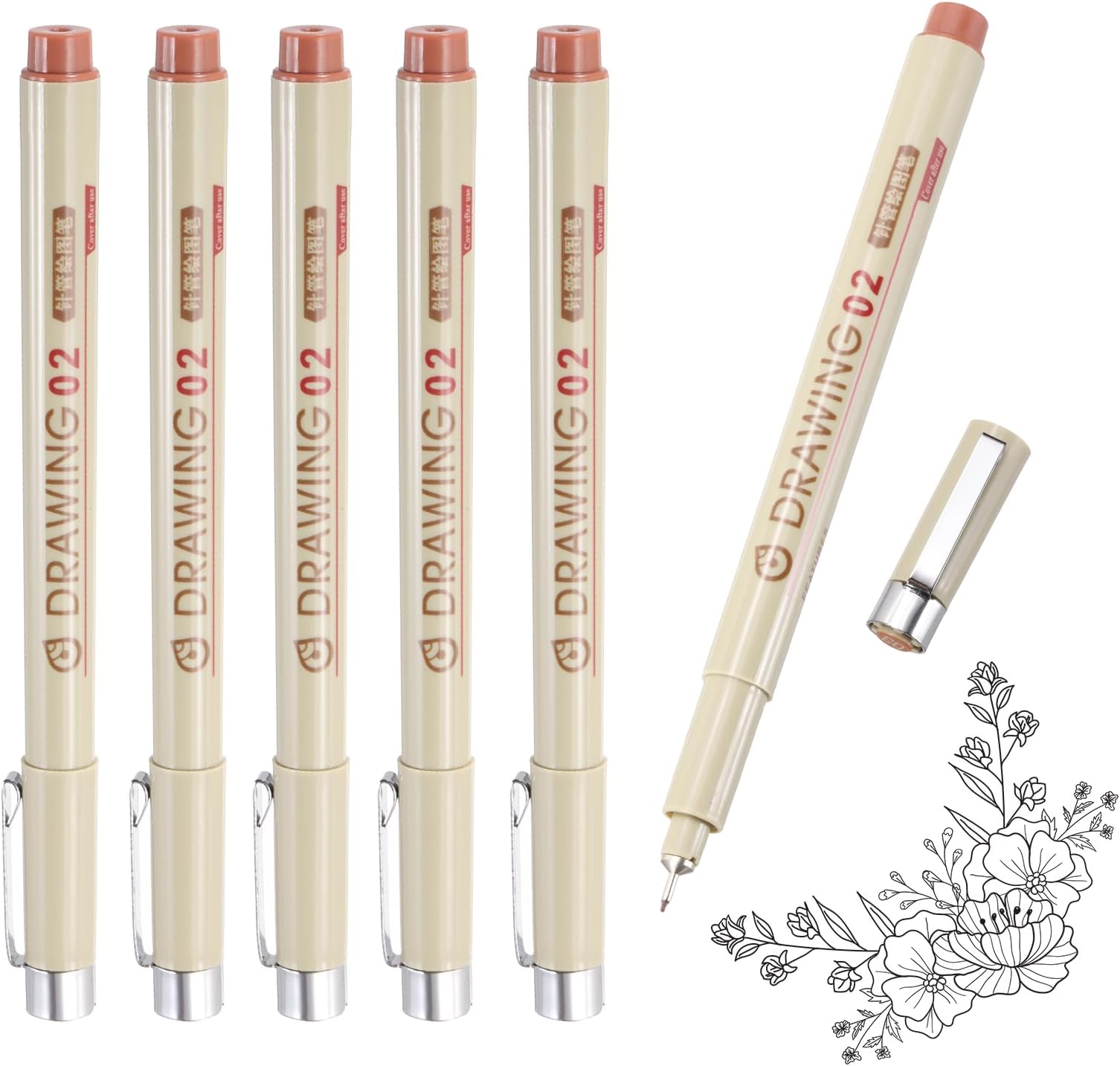 6Pcs Fineliner Ink Pens, 0.3mm Brown Micro Pens with Waterproof Archival Ink for Watercolor Sketching Cartoon Technical Drawing