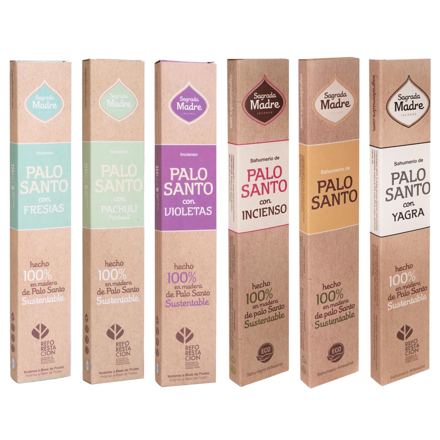Pack 6 Inciensos de Palo Santo con Fresias, Pachuli, Violetas, Frankincienso y Yagra | Sahumerio 100% Natural Hecho a Mano con Aceites Esenciales | 8 Varillas Gruesas por Caja y 1 Hora de Duración.