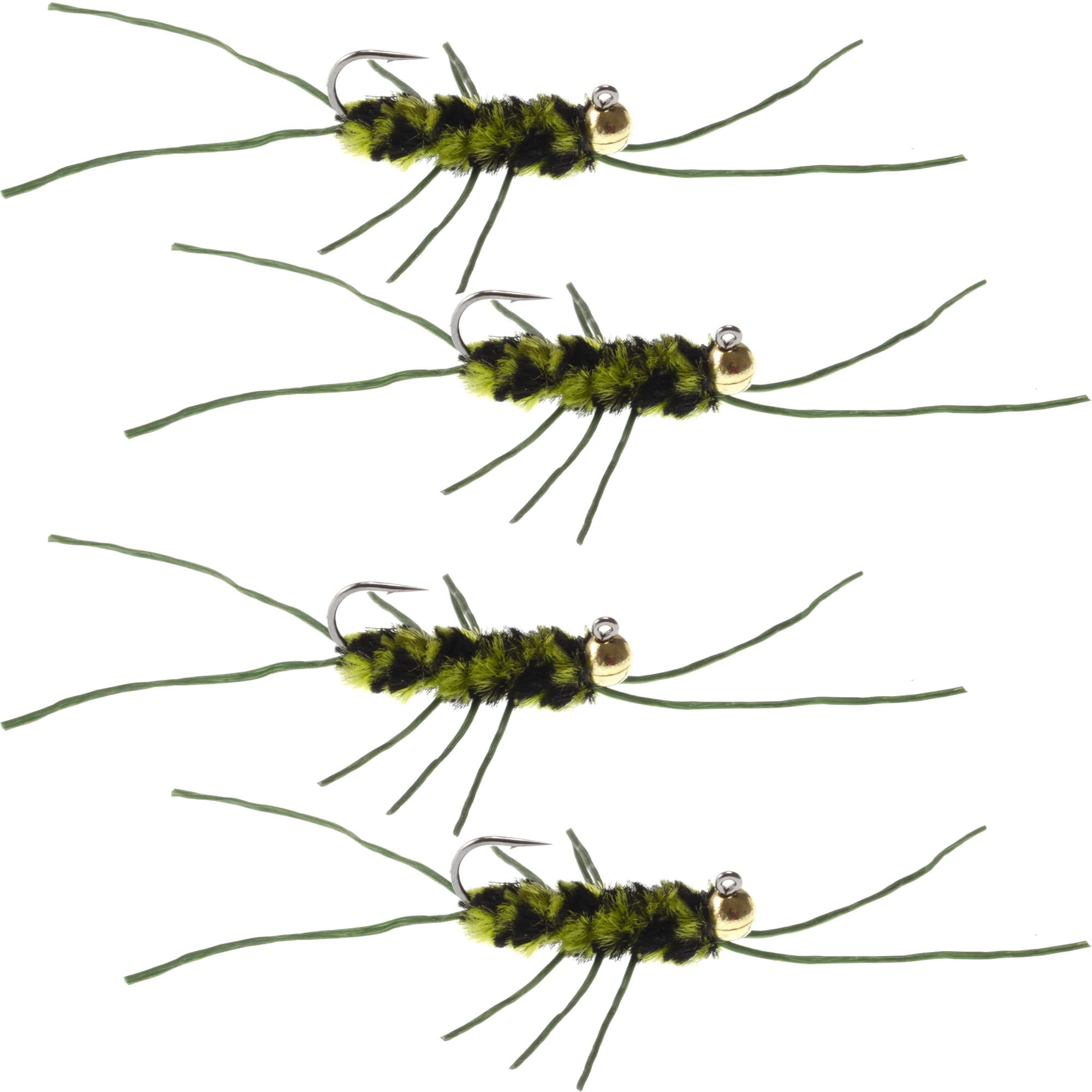 The Fly Fishing Place Tungsten Bead Jigged Pat's Rubber Legs Nymph Fly Fishing Flies - Olive/Black with Olive Legs - Trout and Bass Wet Fly Pattern - 4 Flies Hook Size 10