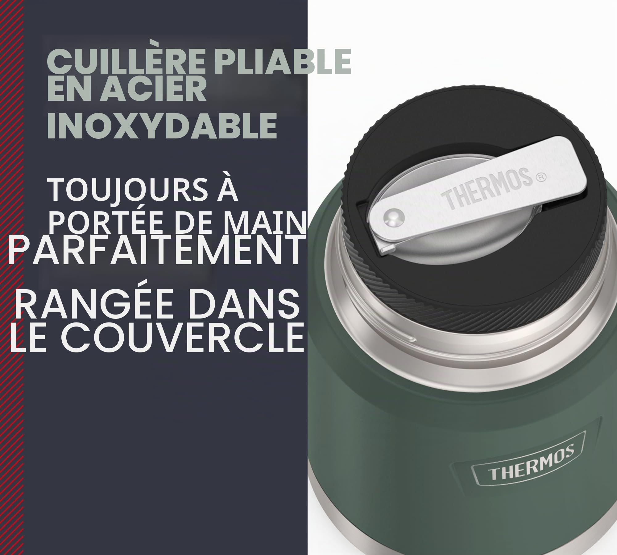 Thermos Icon Food Jar Pot alimentaire en acier inoxydable 18/8 à double paroi Vert mat/forêt avec cuillère pliable et fond antidérapant 0,47 l