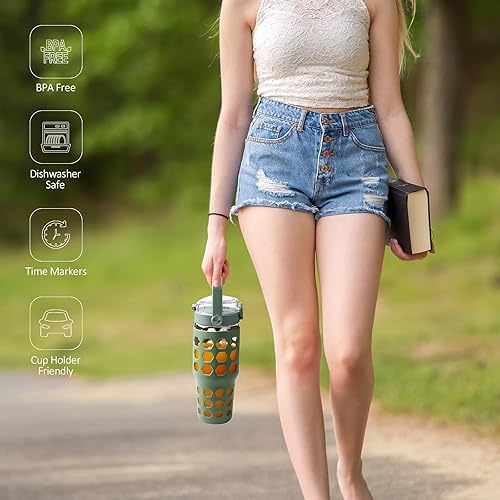 Miniatura 7 de MUKOKO Vaso de vidrio de 32 onzas con popote, botellas de agua de vidrio con marcador de tiempo, taza de café helado con funda de silicona, botellas